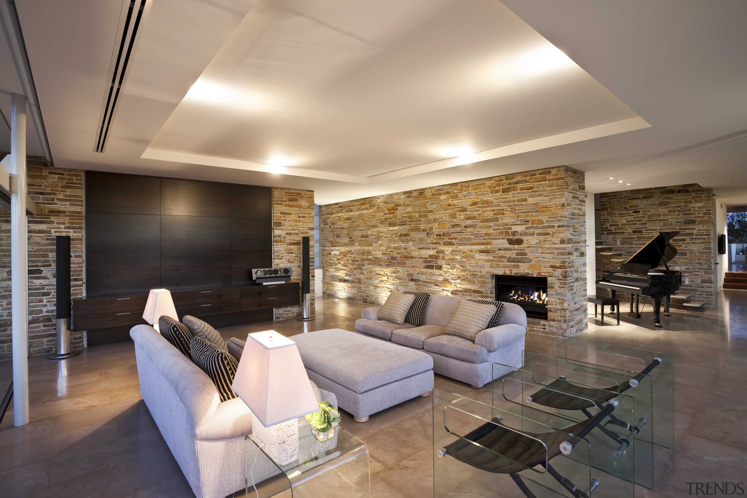 View of house with stone walls, walnut panelling apartment, architecture, ceiling, floor, flooring, hardwood, home, house, interior design, living room, lobby, loft, real estate, room, wall, wood flooring