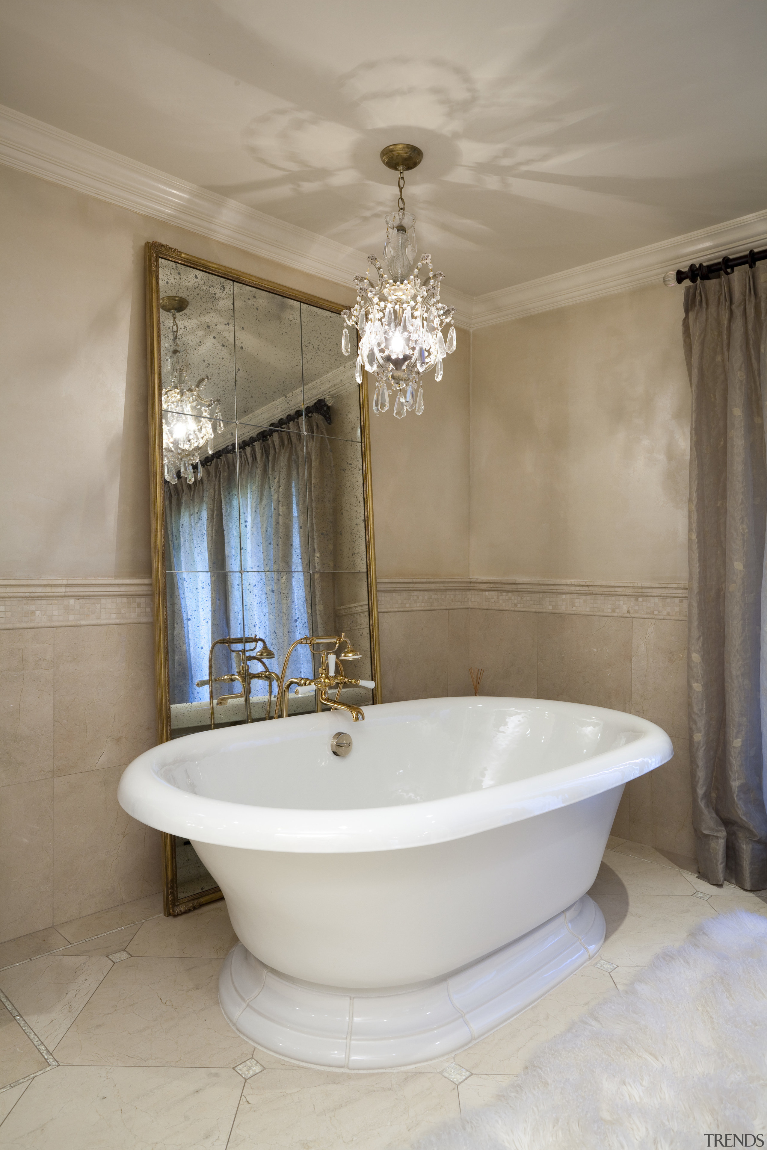 A large mirror doubles the apparent size of bathroom, bathtub, ceiling, floor, home, interior design, plumbing fixture, room, tap, gray, brown