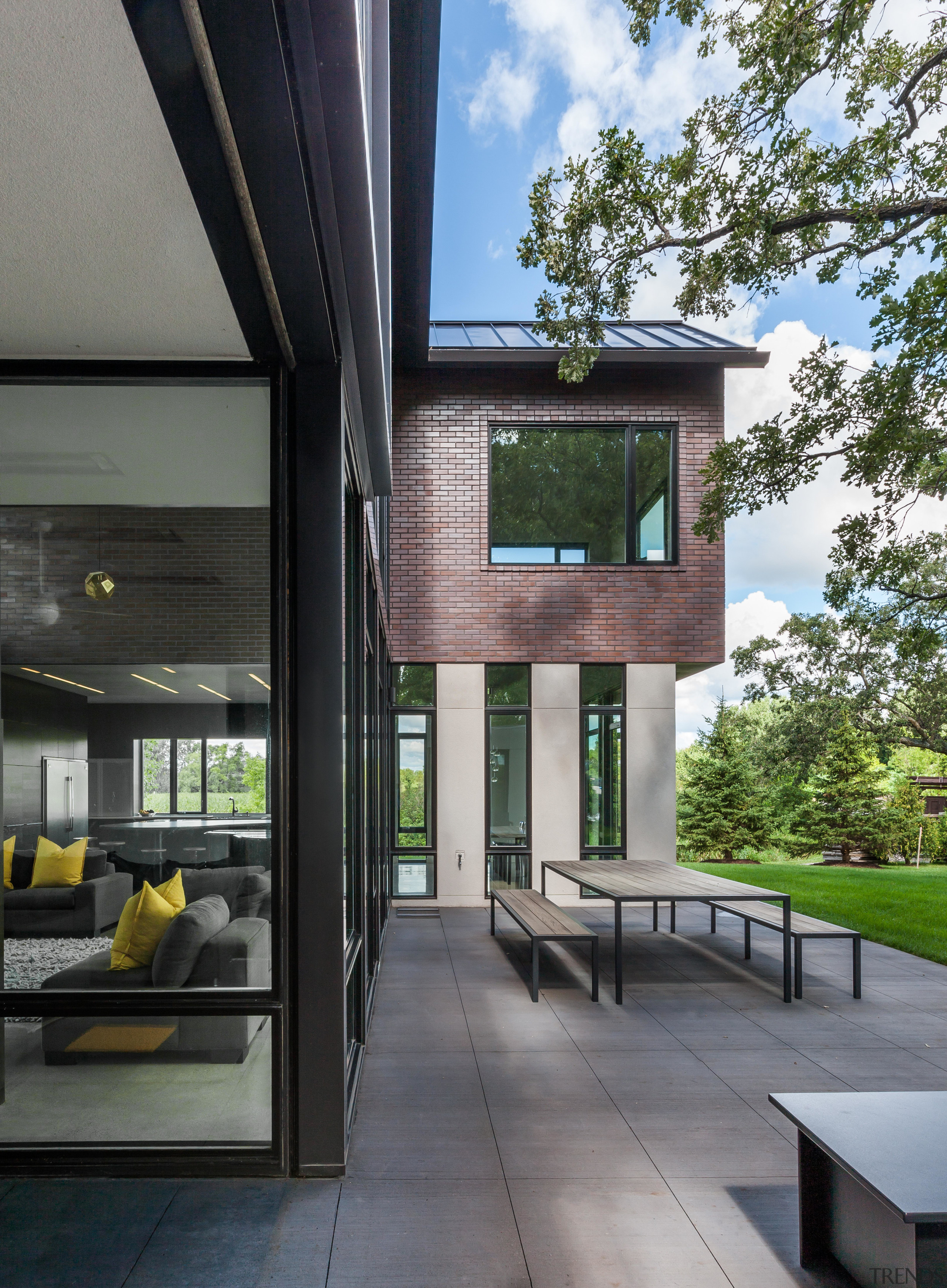 The back of this house opens up to architecture, home, house, interior design, real estate, gray, black