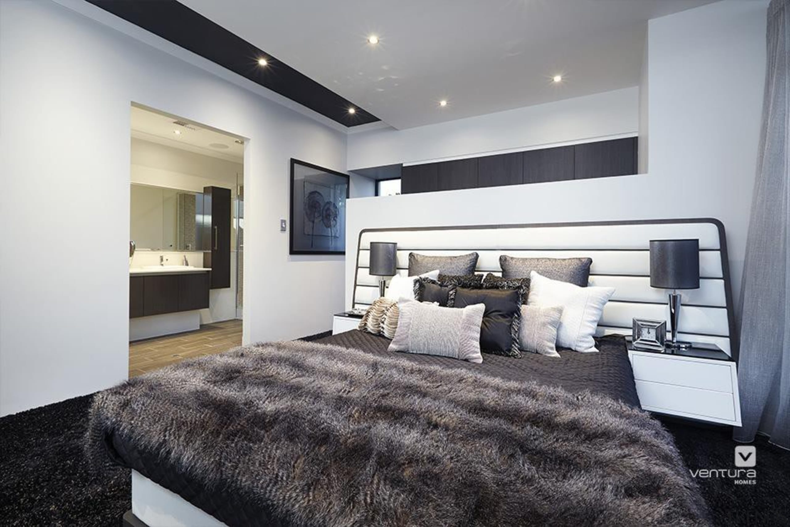 Master ensuite design. - The Montrose Display Home bed frame, bedroom, ceiling, floor, home, interior design, property, real estate, room, wall, gray, white