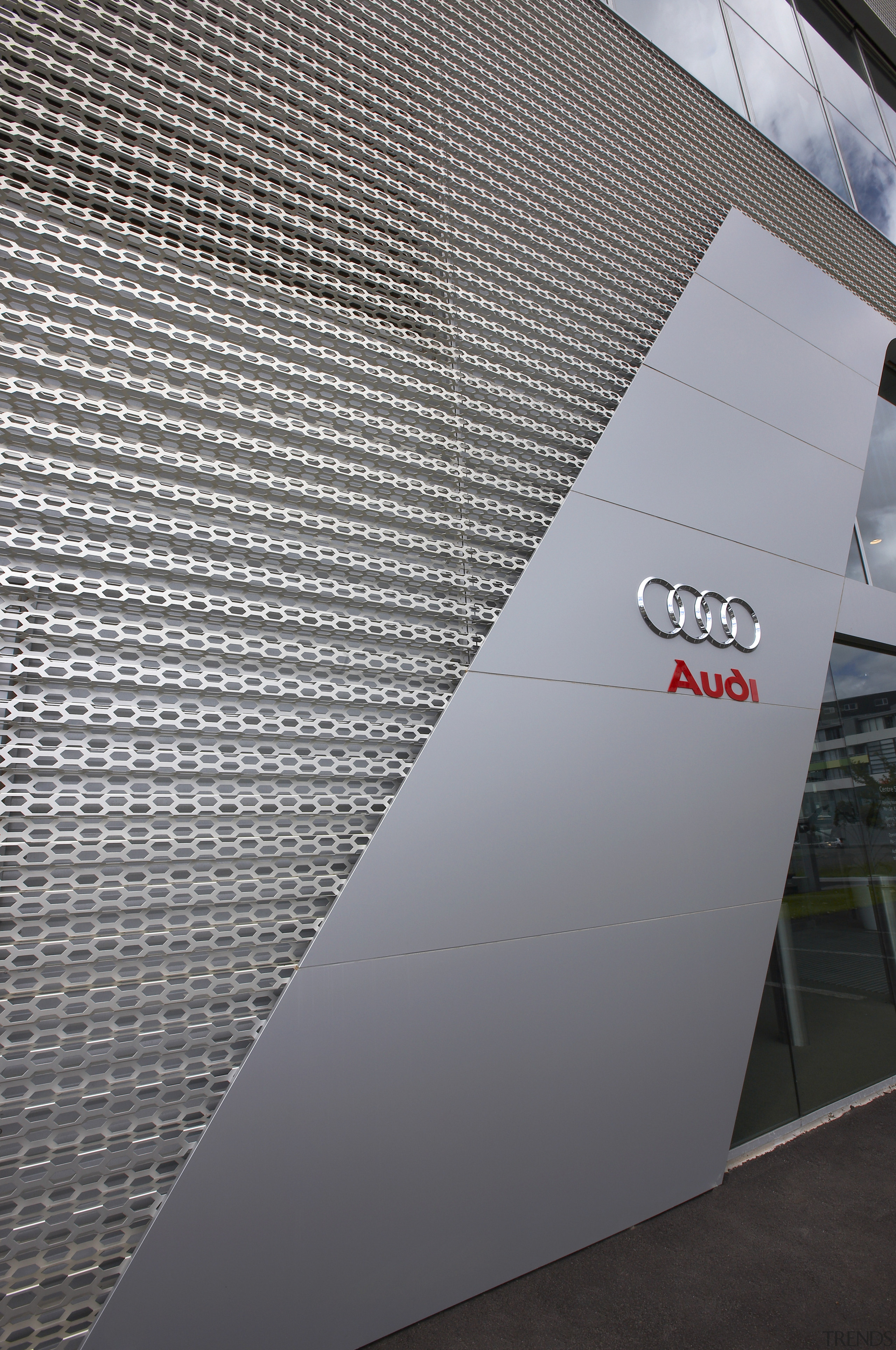 The Audi Centre, known as The Lighthouse, is architecture, building, daylighting, design, facade, line, structure, wall, gray