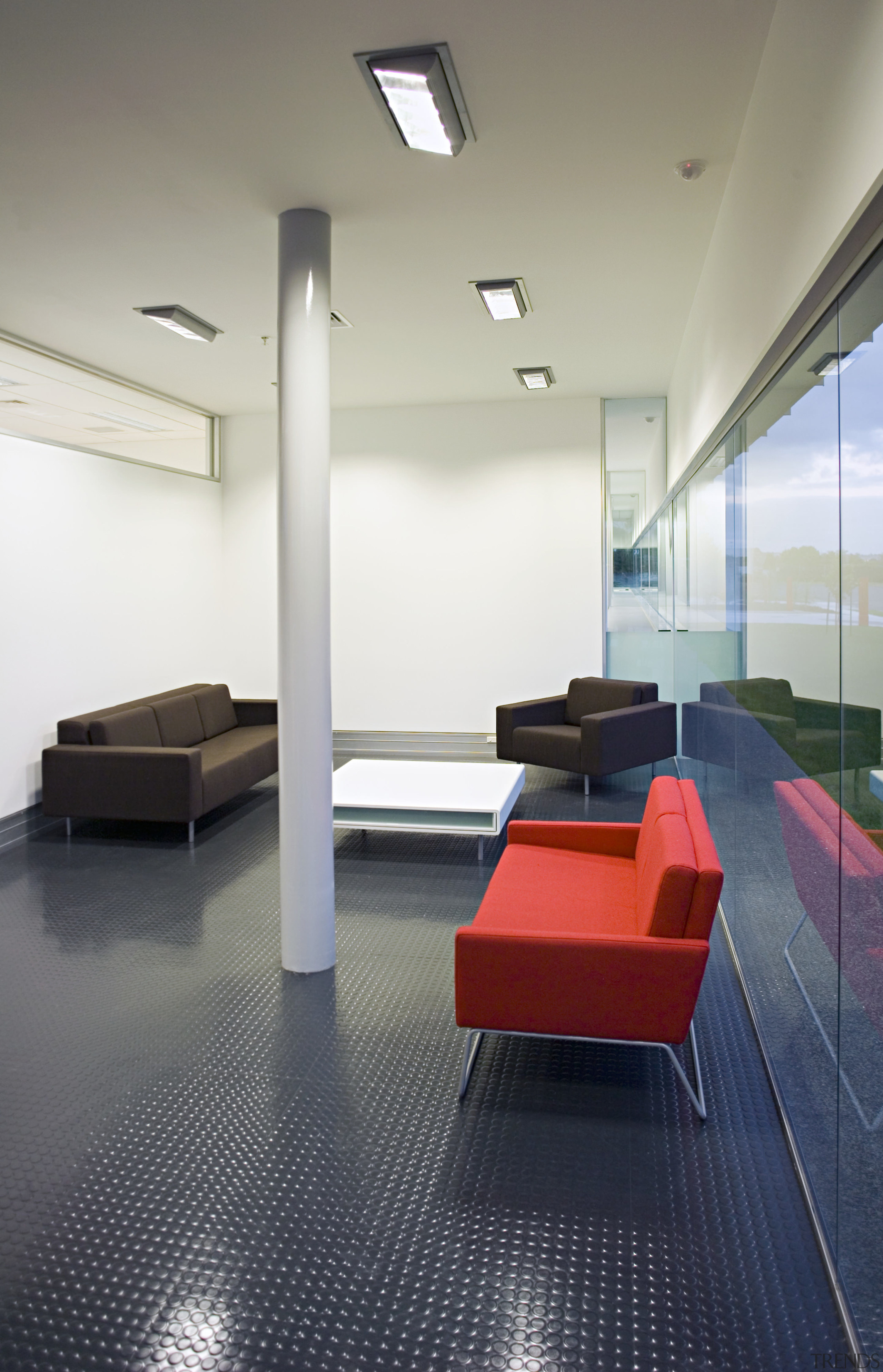 The high horizontal window in reception pulls light architecture, ceiling, daylighting, floor, flooring, furniture, interior design, office, product design, table, gray, white