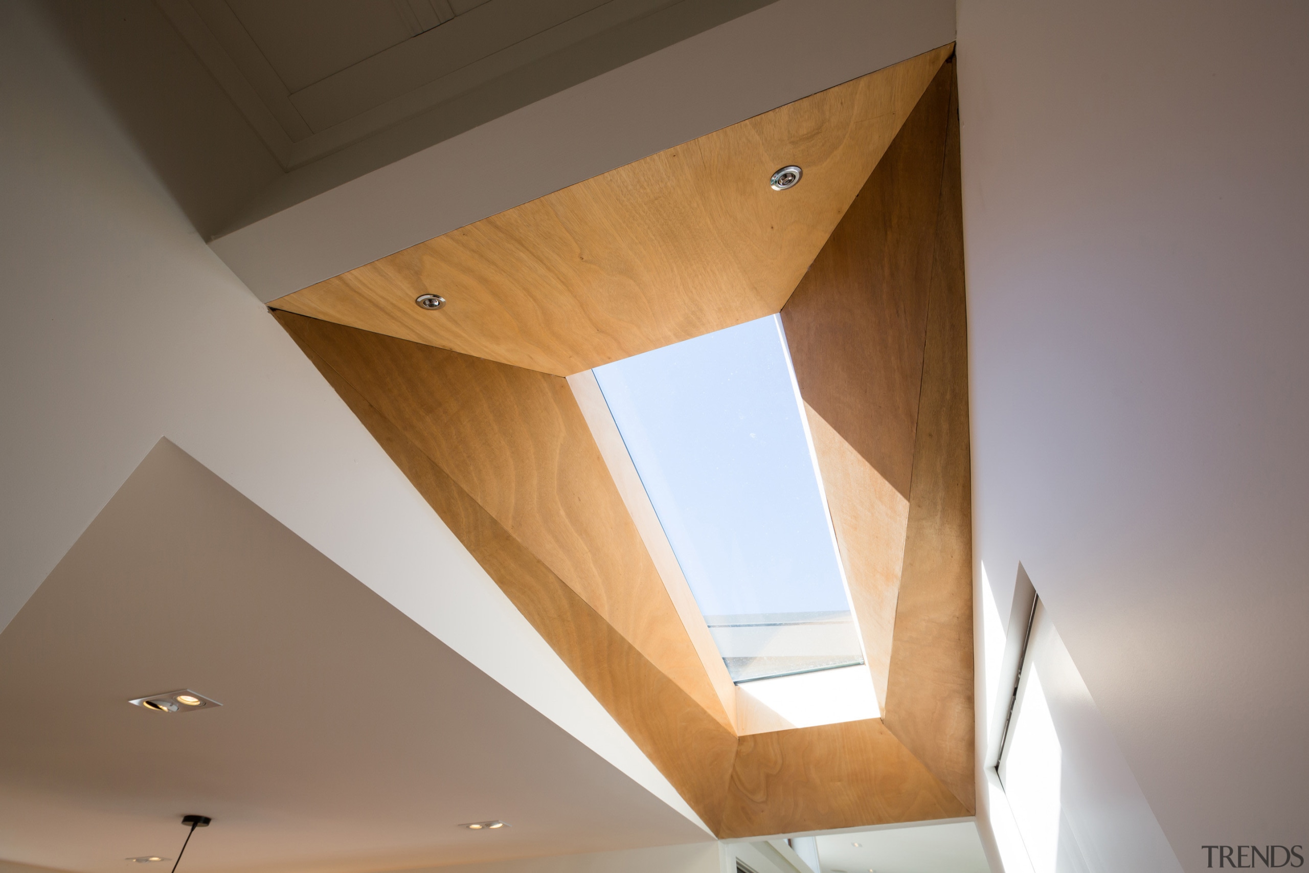 This project involved a rear addition to an angle, architecture, ceiling, daylighting, house, interior design, light, lighting, wall, wood, brown, gray