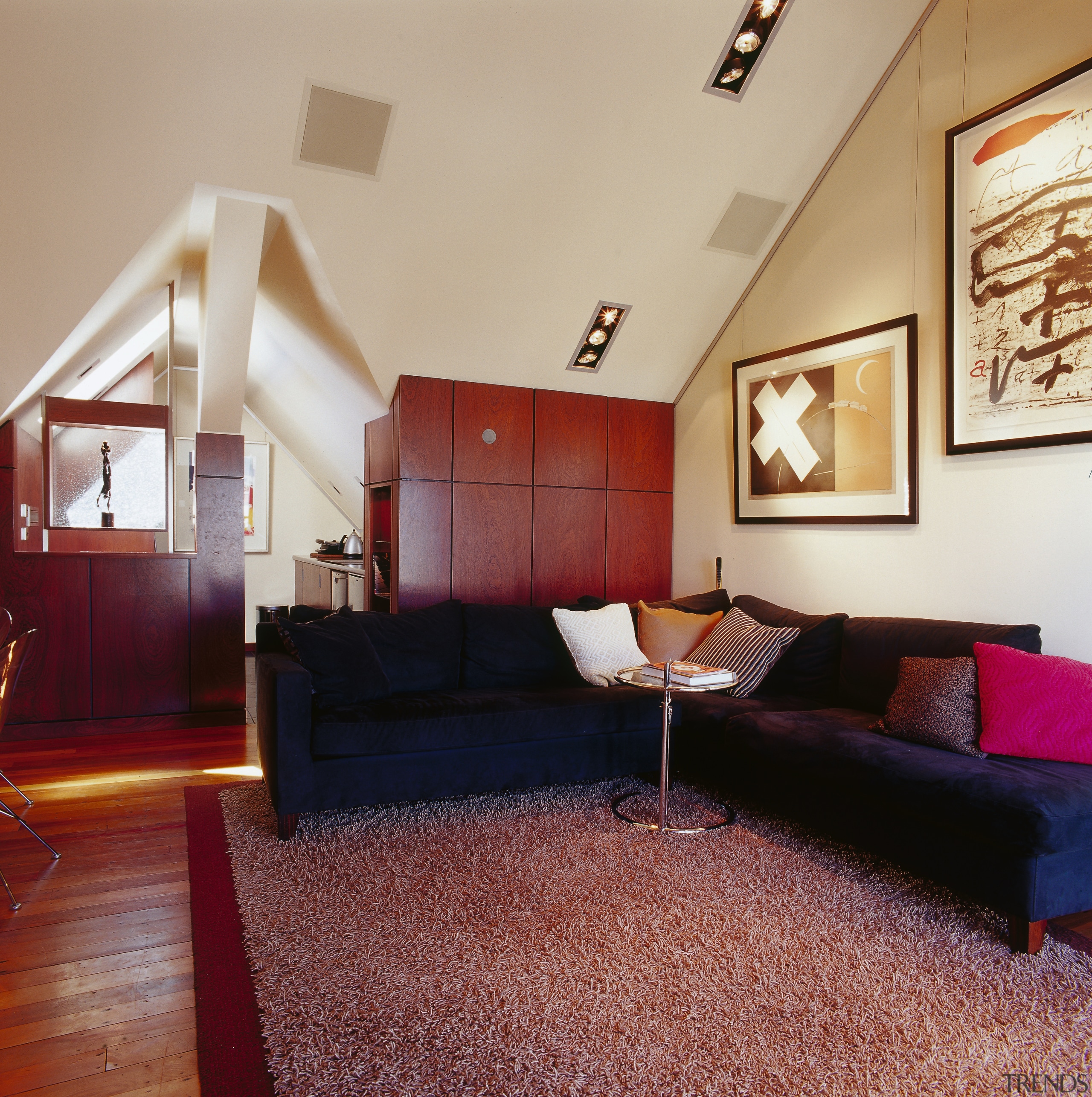 A view of the lounge area, wooden flooring, architecture, ceiling, daylighting, floor, flooring, home, house, interior design, living room, real estate, room, suite, red, gray