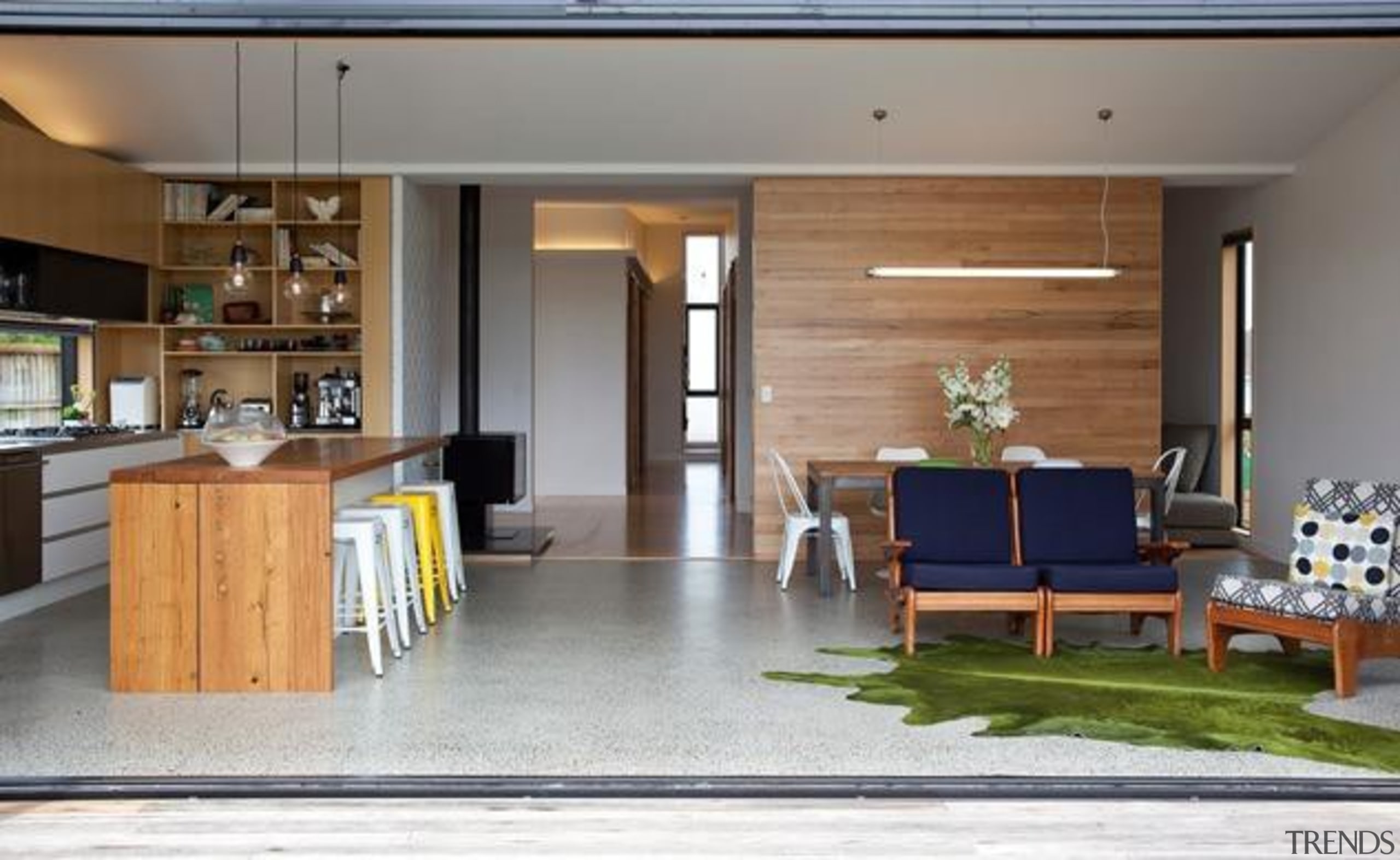 kitchen, dining and living space - kitchen, dining floor, flooring, furniture, house, interior design, living room, real estate, table, gray