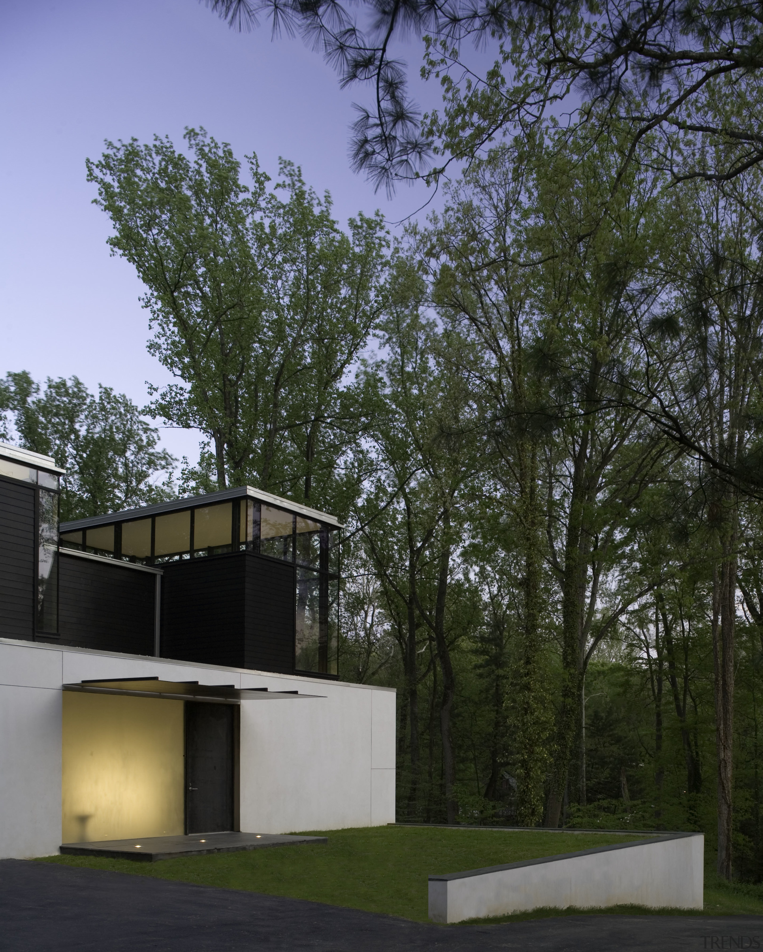 White walls and dark furniture and floors provide architecture, building, facade, home, house, real estate, residential area, sky, tree, brown, black