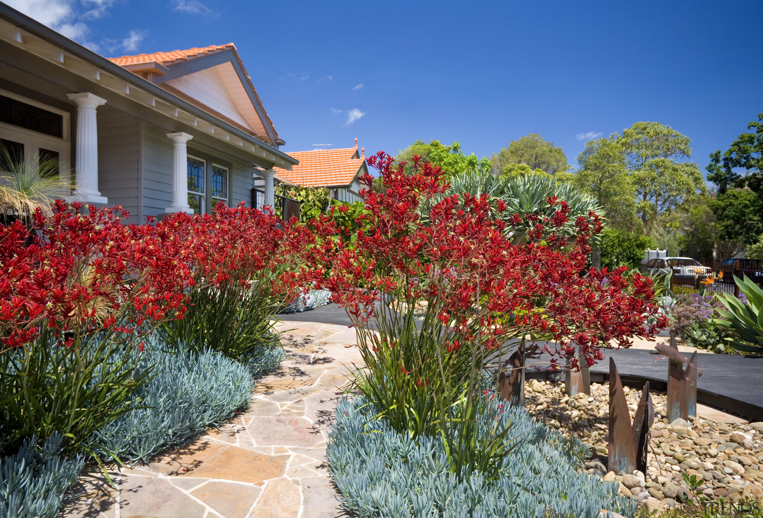 An exterior view of the entire garden, plants, botanical garden, cottage, estate, flora, flower, garden, home, house, landscape, landscaping, plant, property, real estate, shrub, sky, spring, tree, walkway, yard