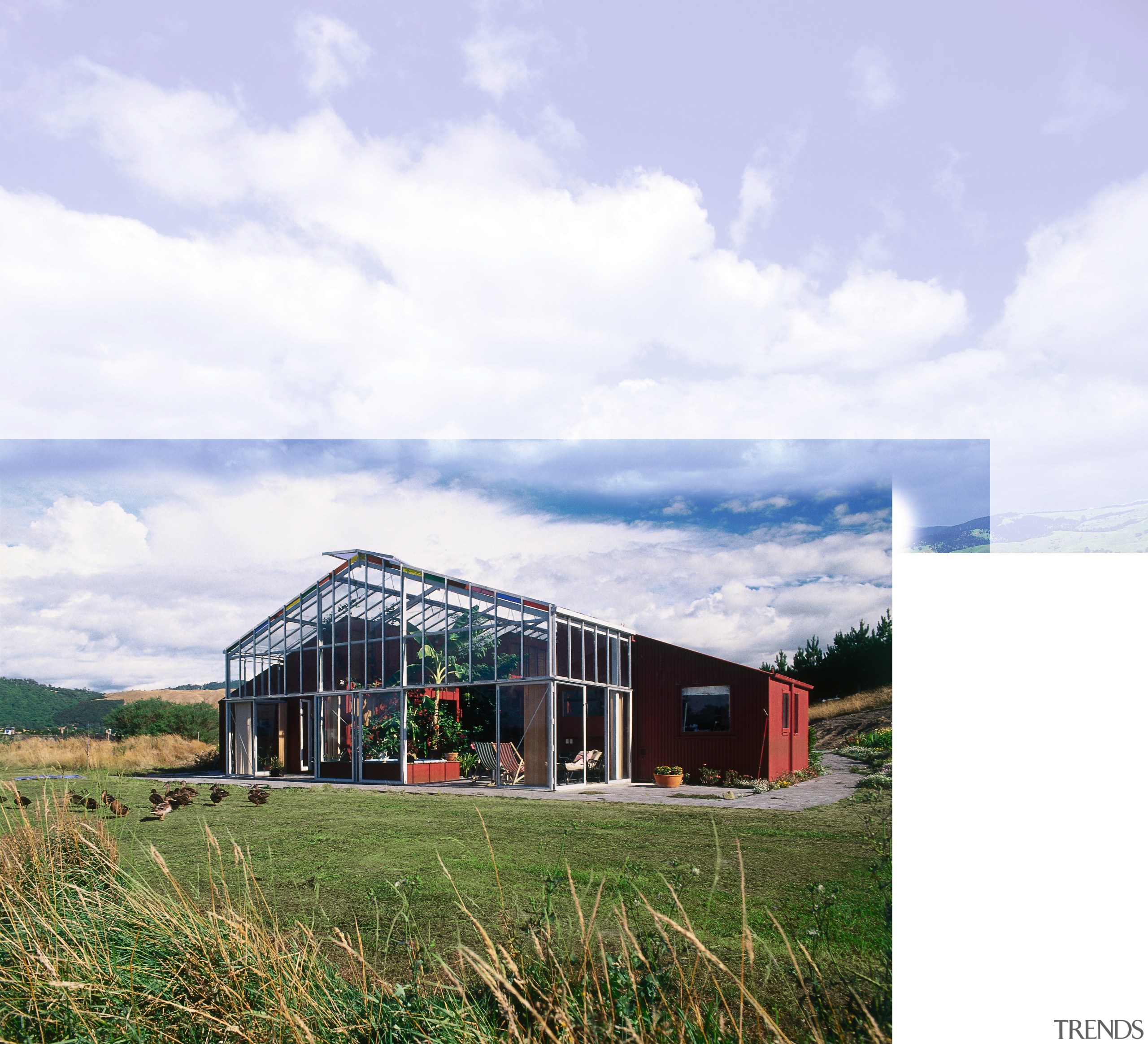 An exterior view of this steel fraed glass architecture, barn, cloud, cottage, farm, farmhouse, home, house, hut, land lot, landscape, real estate, rural area, shed, sky, structure, white