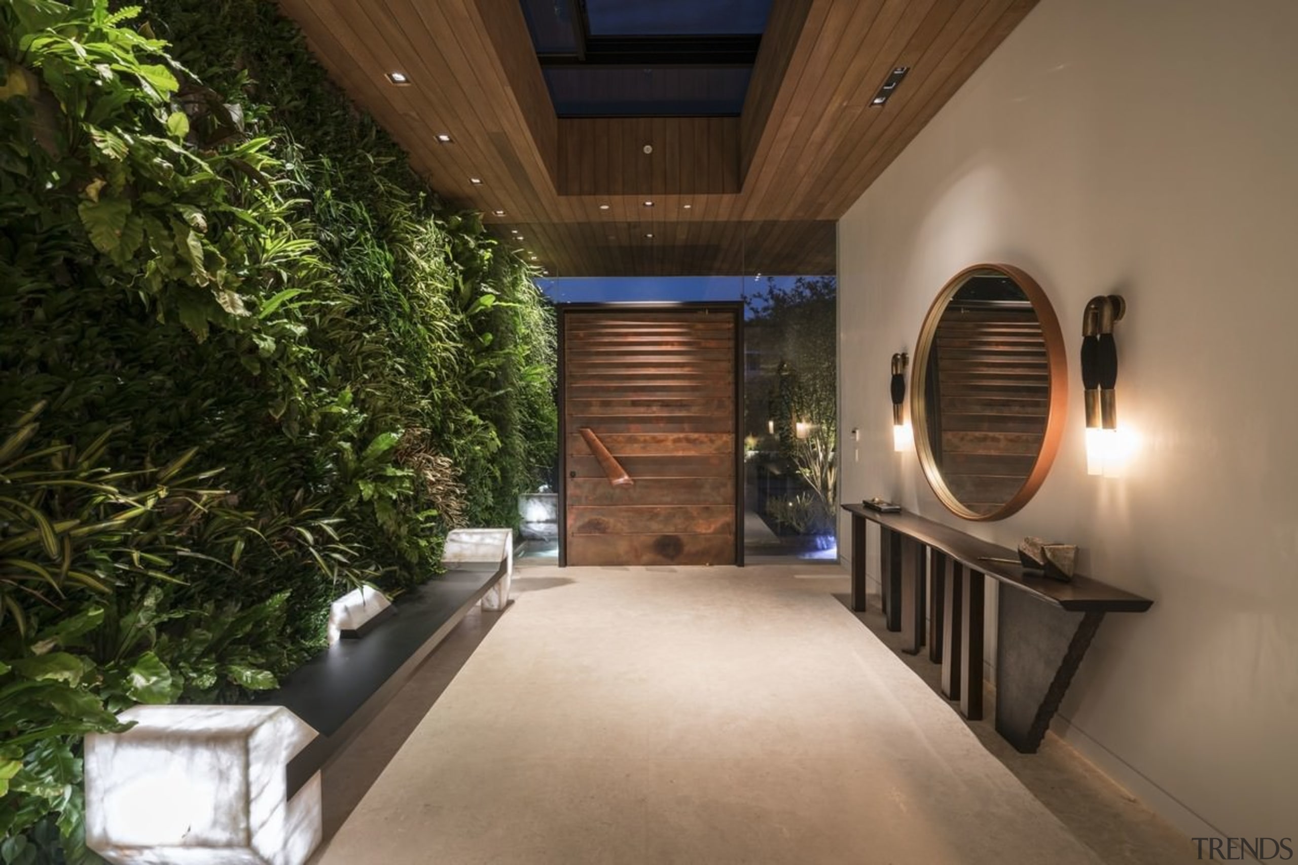 The green wall creates a dramatic entranceway - architecture, ceiling, estate, home, house, interior design, lighting, property, real estate, brown