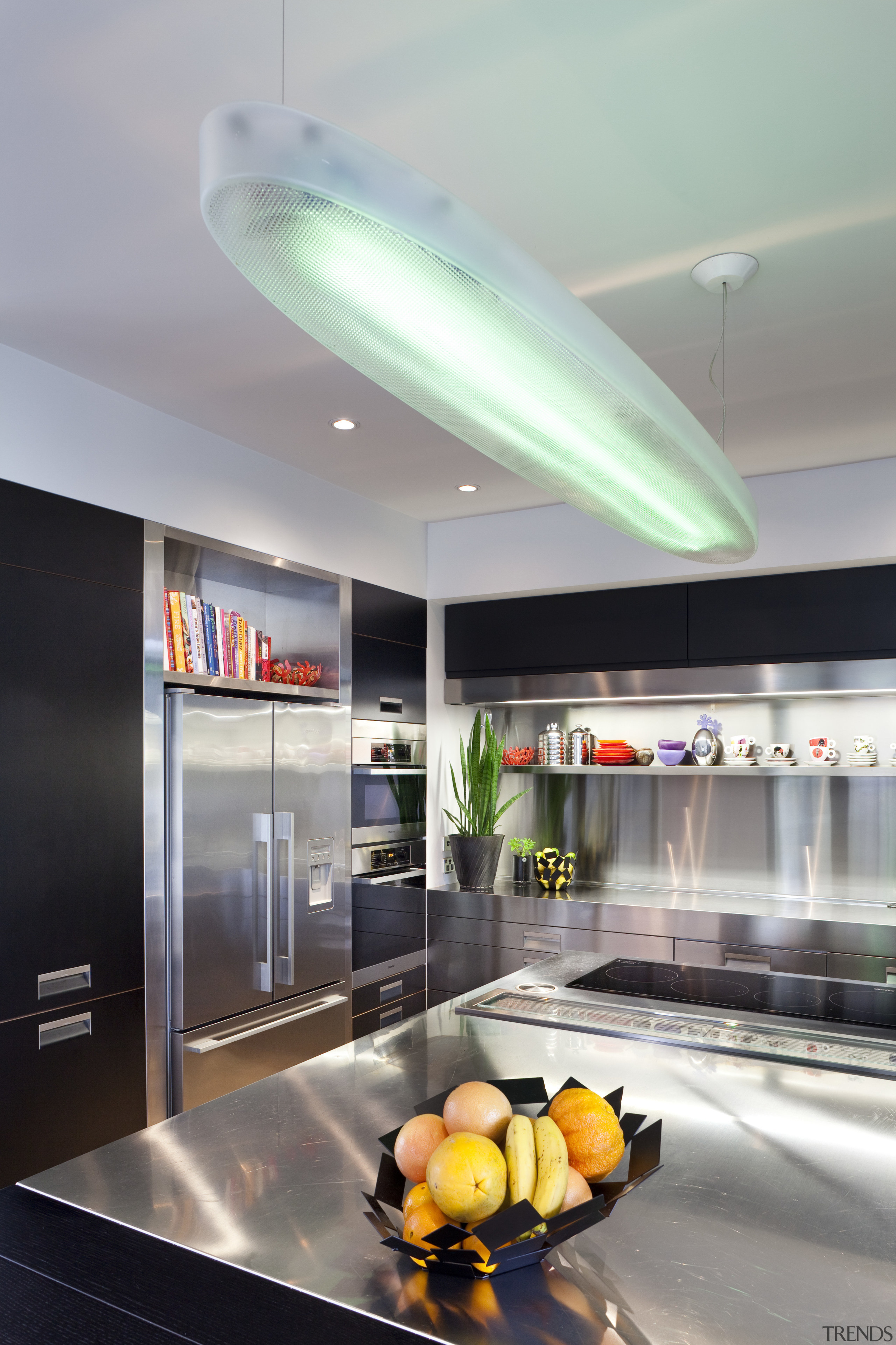 View of contemporary kitchen with stainless fridge and ceiling, interior design, gray