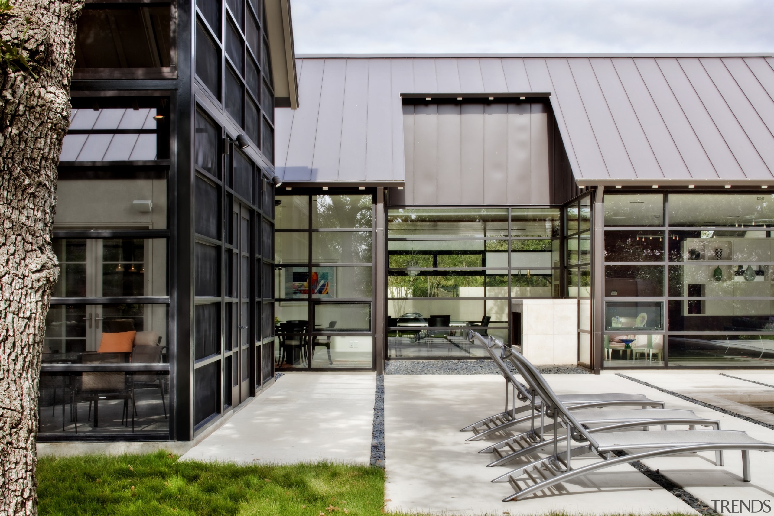 light-filled rooms and white walls. Floor-to-ceiling windows let architecture, facade, house, residential area, gray, black