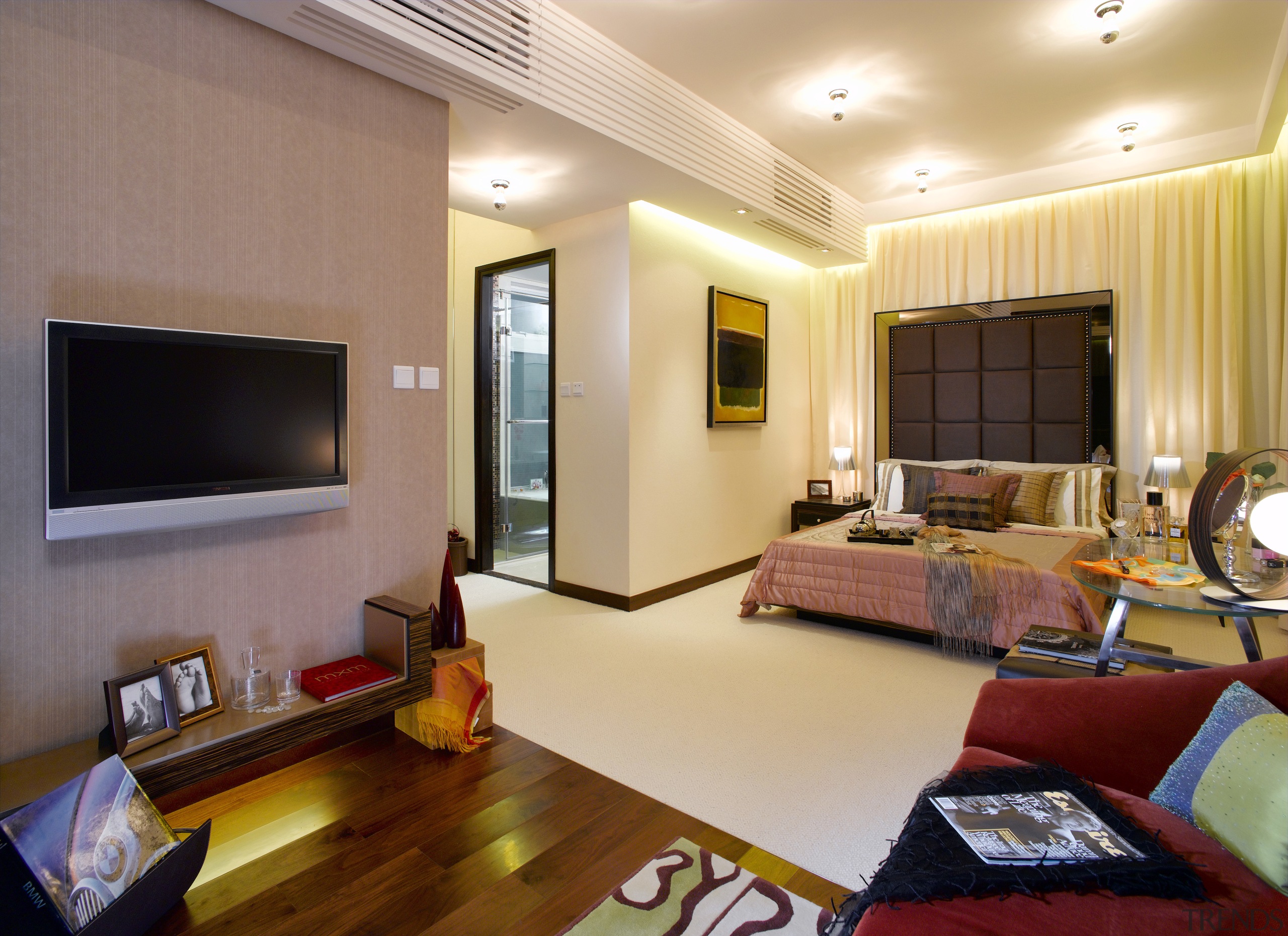 A view of the master bedroom, wooden flooring ceiling, interior design, living room, real estate, room, suite, orange