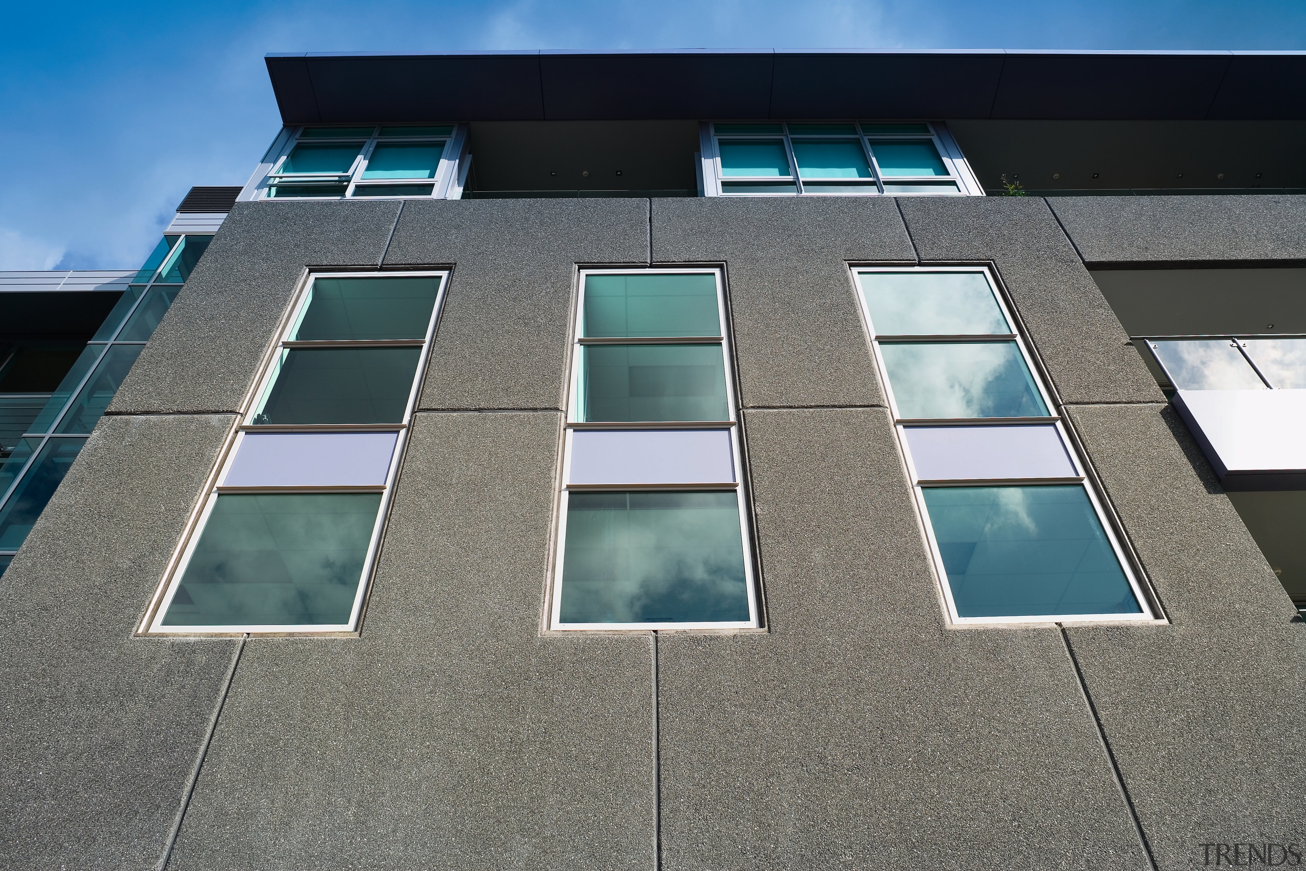 A view of the concrete slabs from Wilco architecture, building, daylighting, daytime, facade, glass, house, line, sky, symmetry, window, black, gray