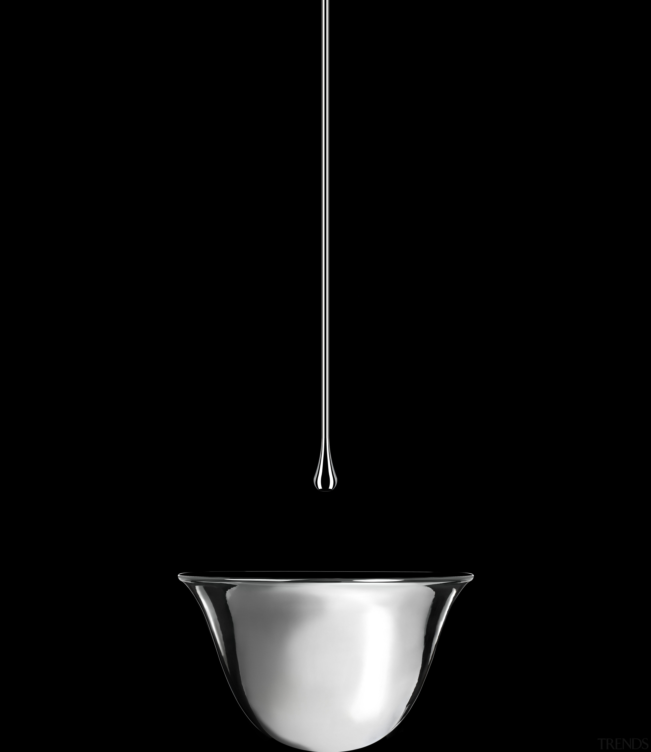 Suspended from the ceiling, Goccia faucet teams with black and white, light, light fixture, lighting, monochrome, monochrome photography, product design, still life photography, tableware, black