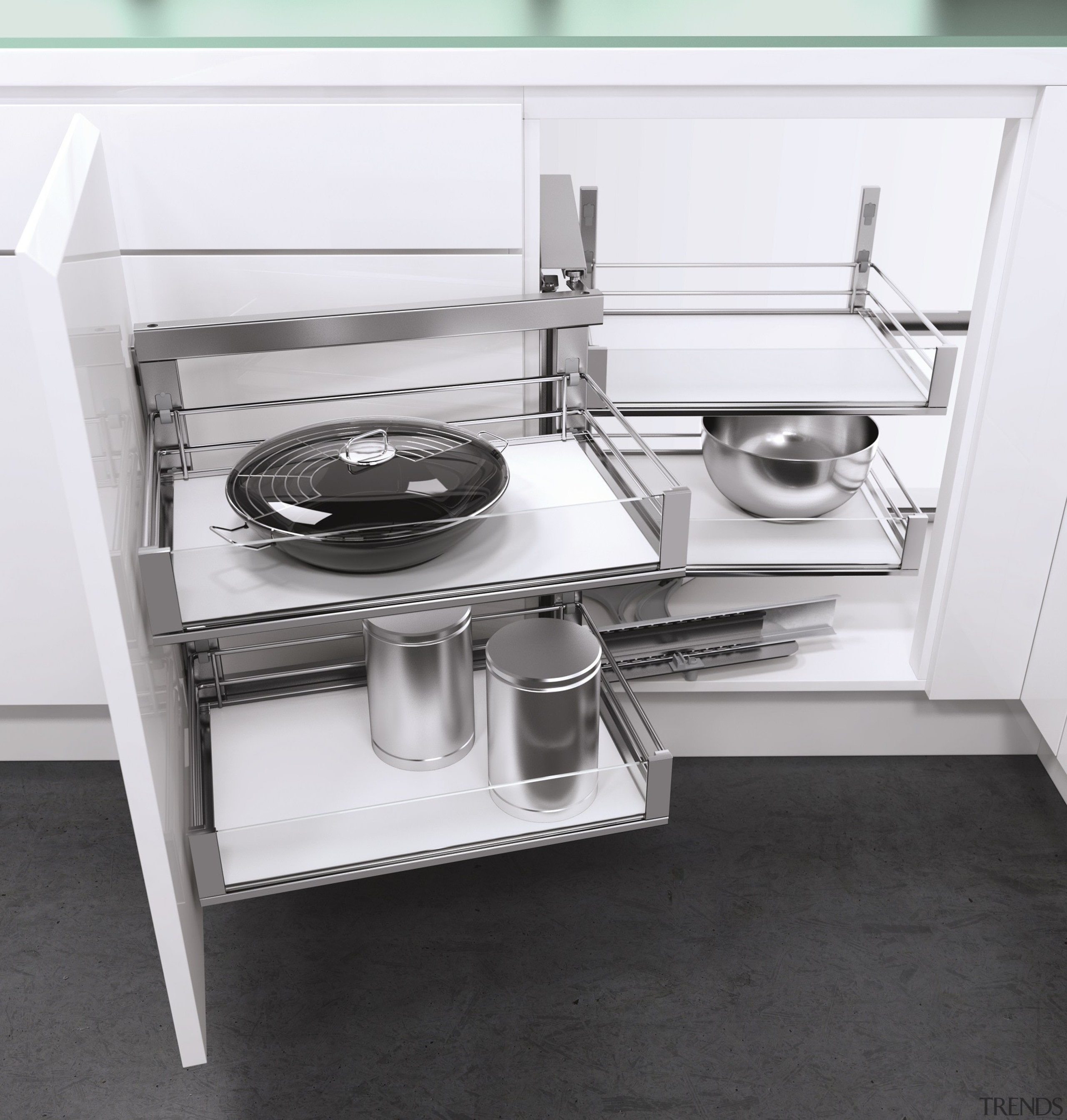 Optimised blind corner storageUser friendly movement makes cookware accessory, furniture, gas stove, home appliance, kitchen, kitchen appliance, kitchen stove, major appliance, product design, sink, small appliance, table, tap, white, black