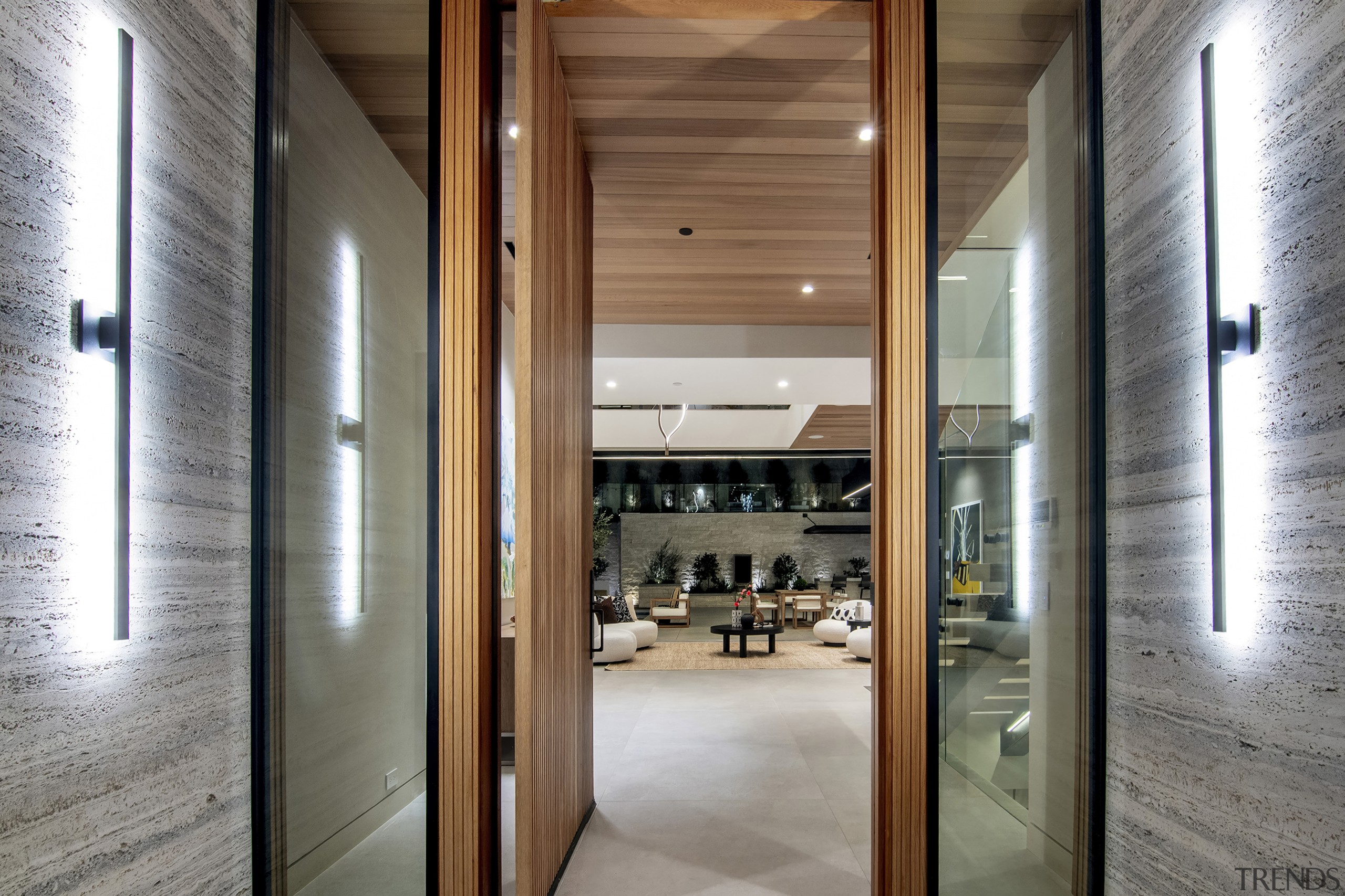 Front door entrance and open-plan interior. 