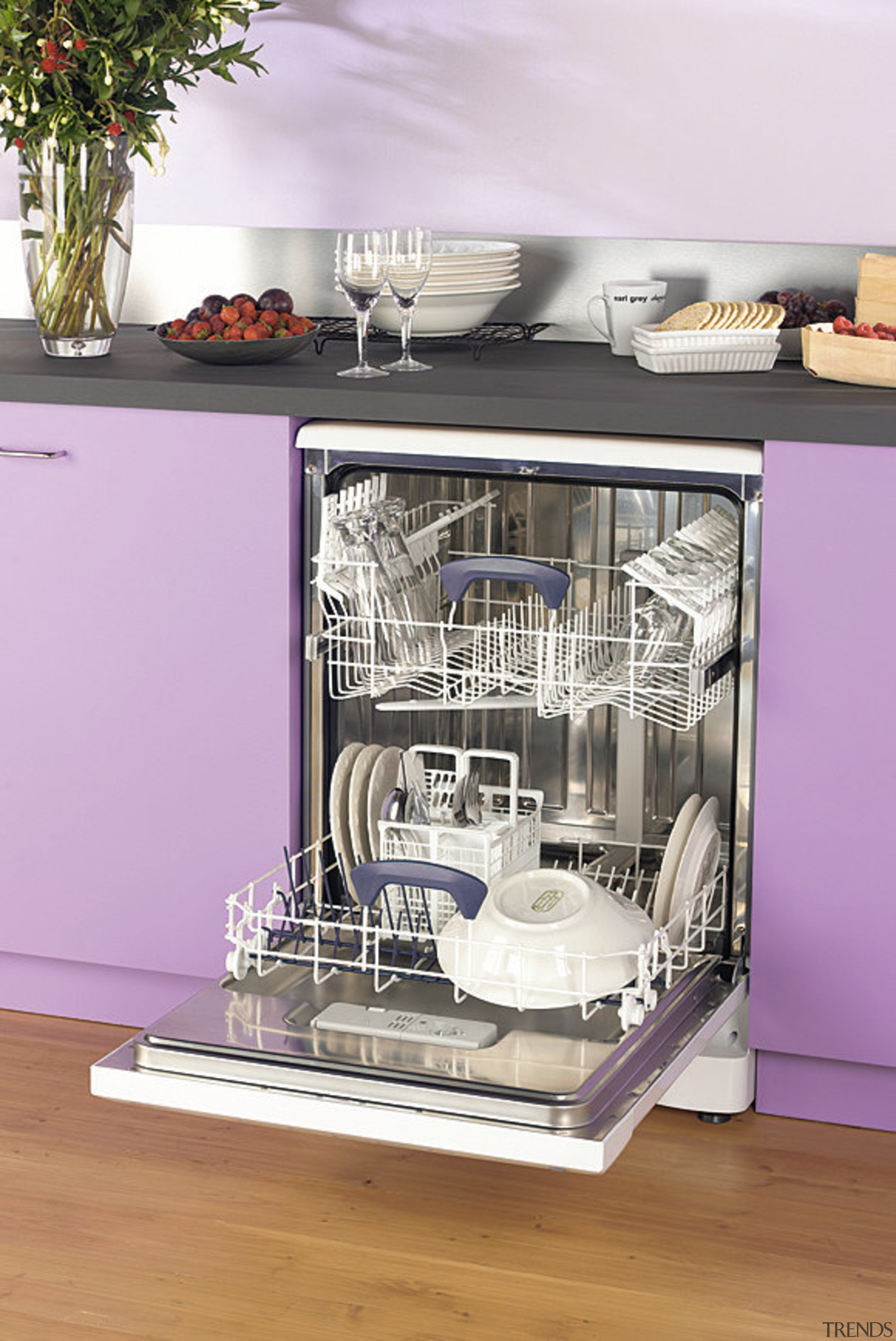 Kitchen with purple cabinetry and open underbench dishwasher. dishwasher, furniture, home appliance, kitchen appliance, major appliance, product, purple, shelf, shelving, pink