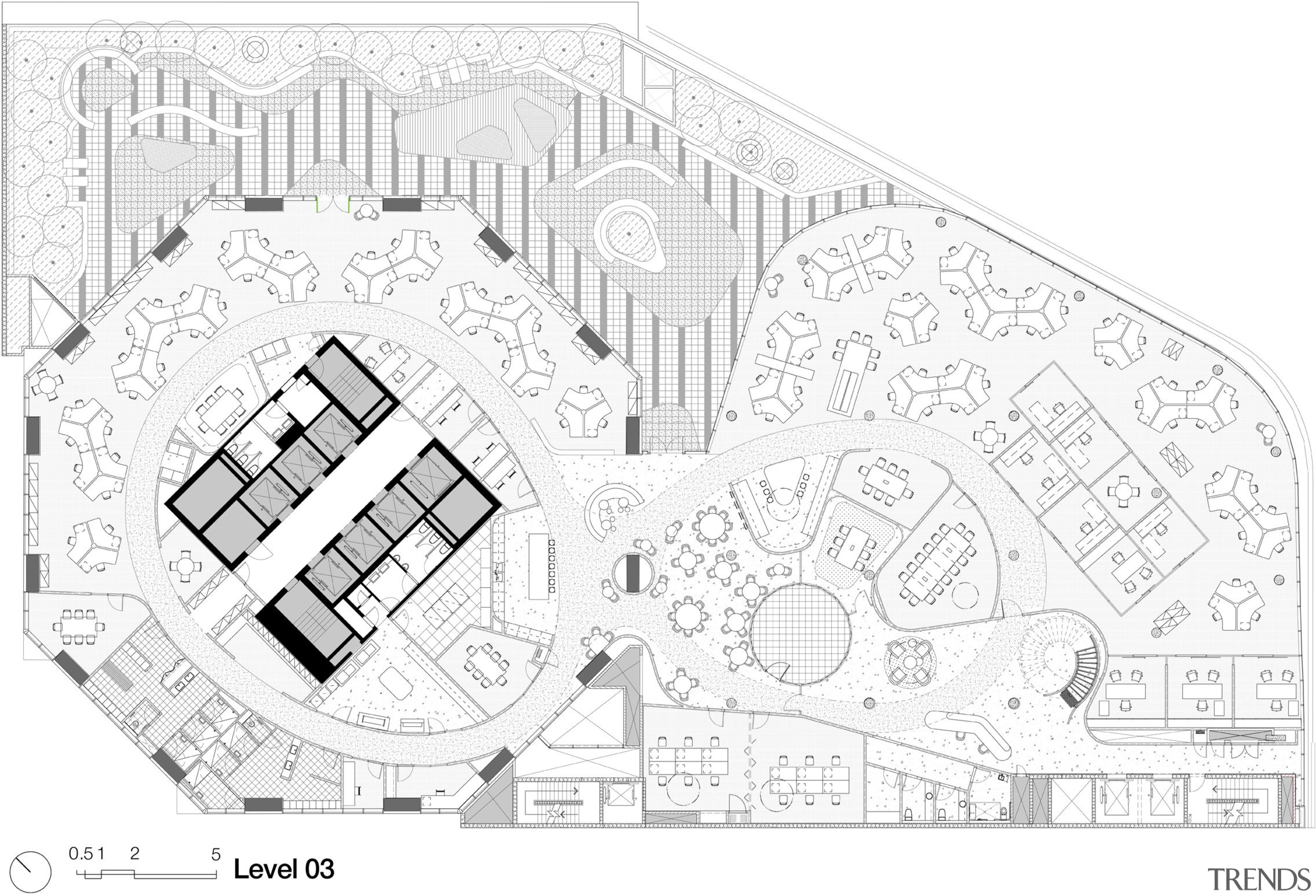 Plan of the Brookfield Multiplex office in Melbourne architecture, area, black and white, design, diagram, drawing, floor plan, font, line, line art, plan, product design, residential area, structure, text, urban design, white