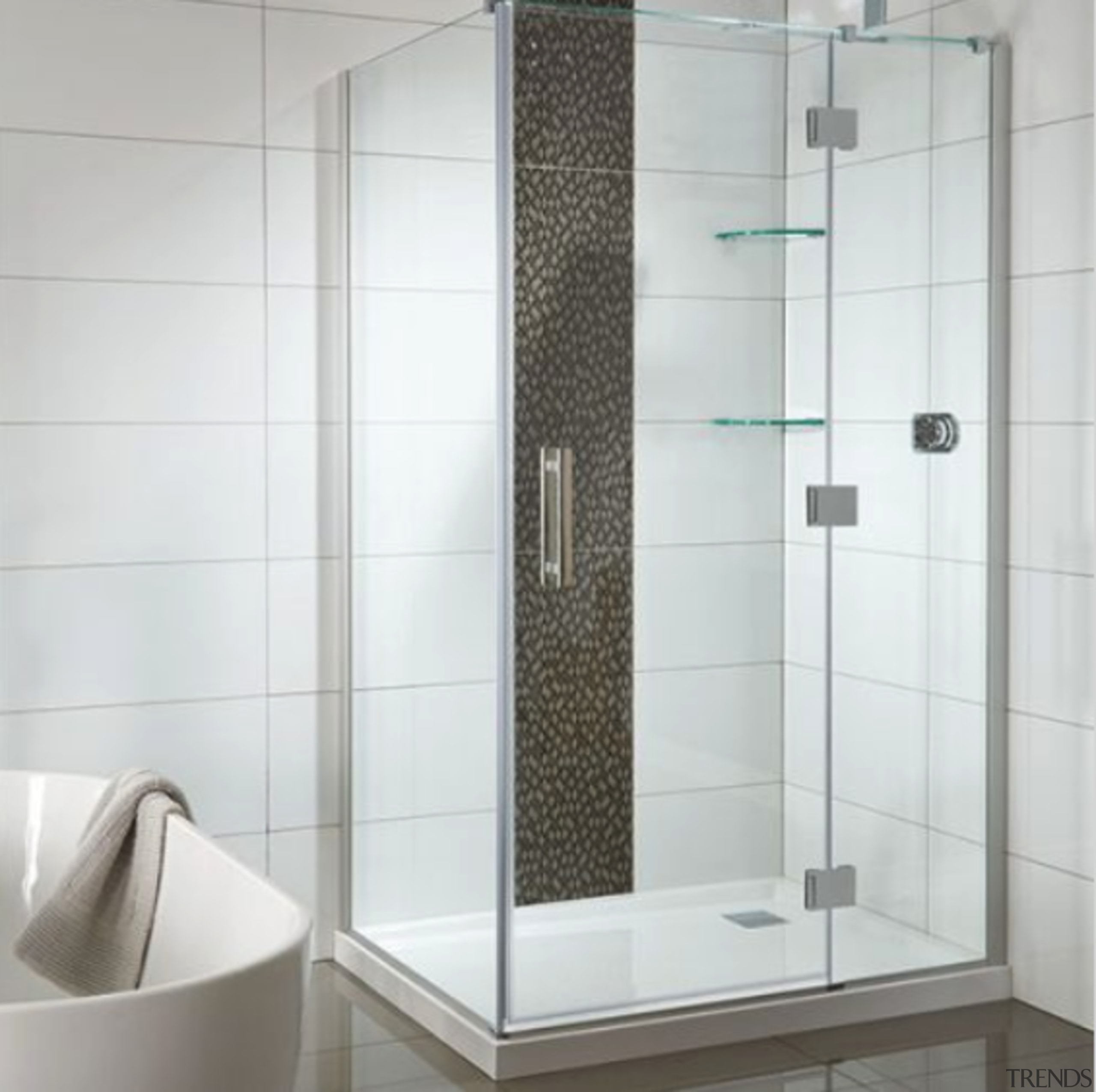 Combine the sleek modern styling of frameless glass angle, bathroom, bathroom accessory, glass, plumbing fixture, shower, shower door, tile, white, gray