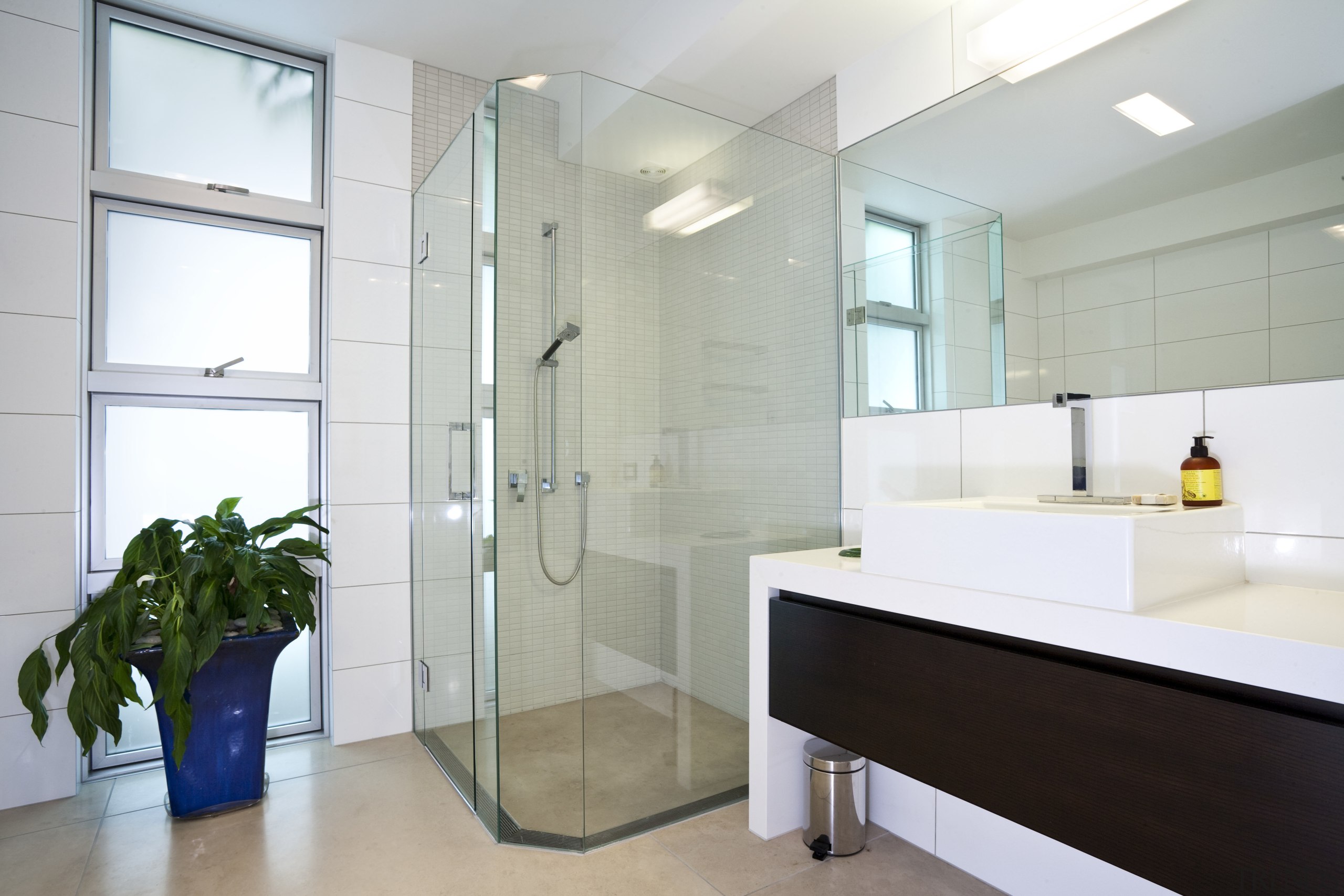 View of a bathroom which features glass shower bathroom, home, interior design, real estate, room, white, gray
