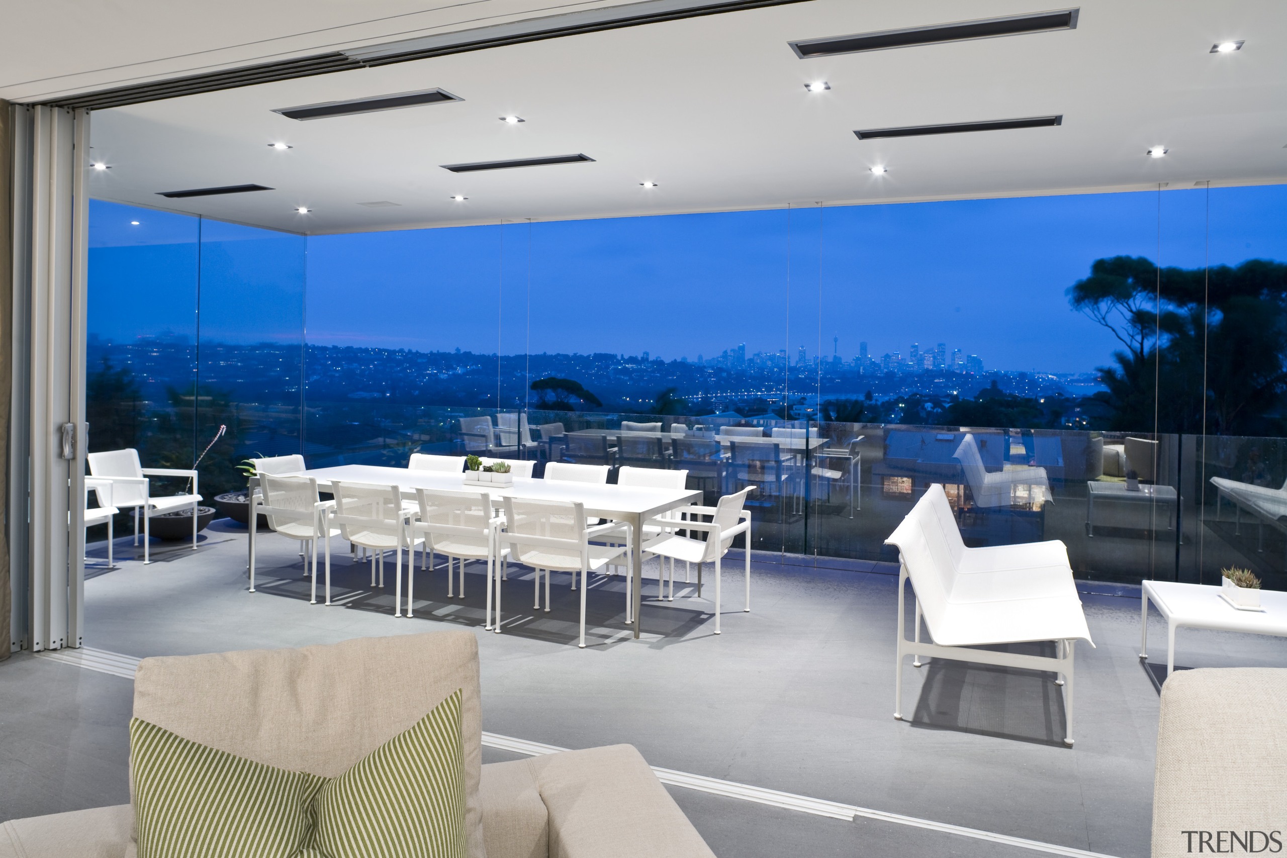 View of a large terrace off the main apartment, interior design, penthouse apartment, property, real estate, gray, blue