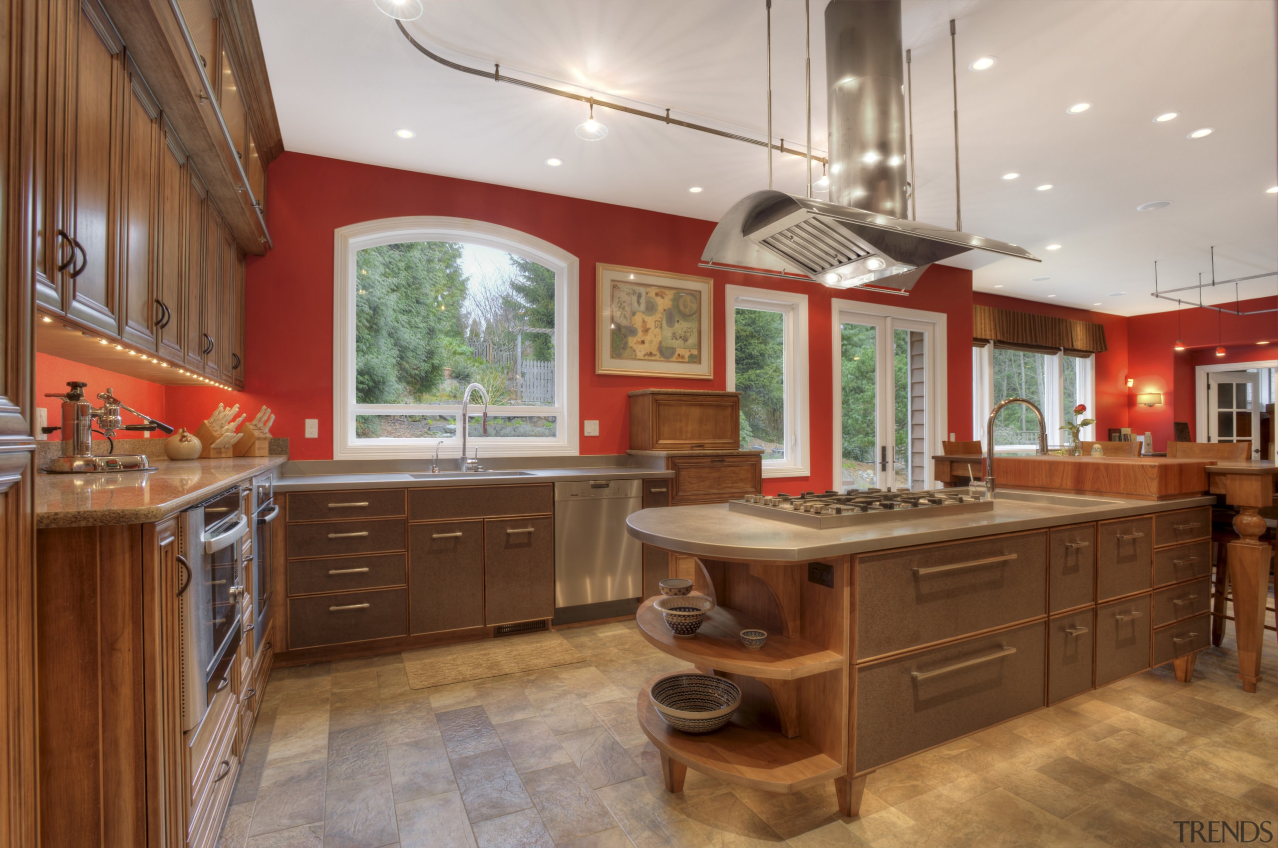 This Richard Landon kitchen has a warm aesthetic cabinetry, ceiling, countertop, cuisine classique, flooring, interior design, kitchen, real estate, room, brown, gray