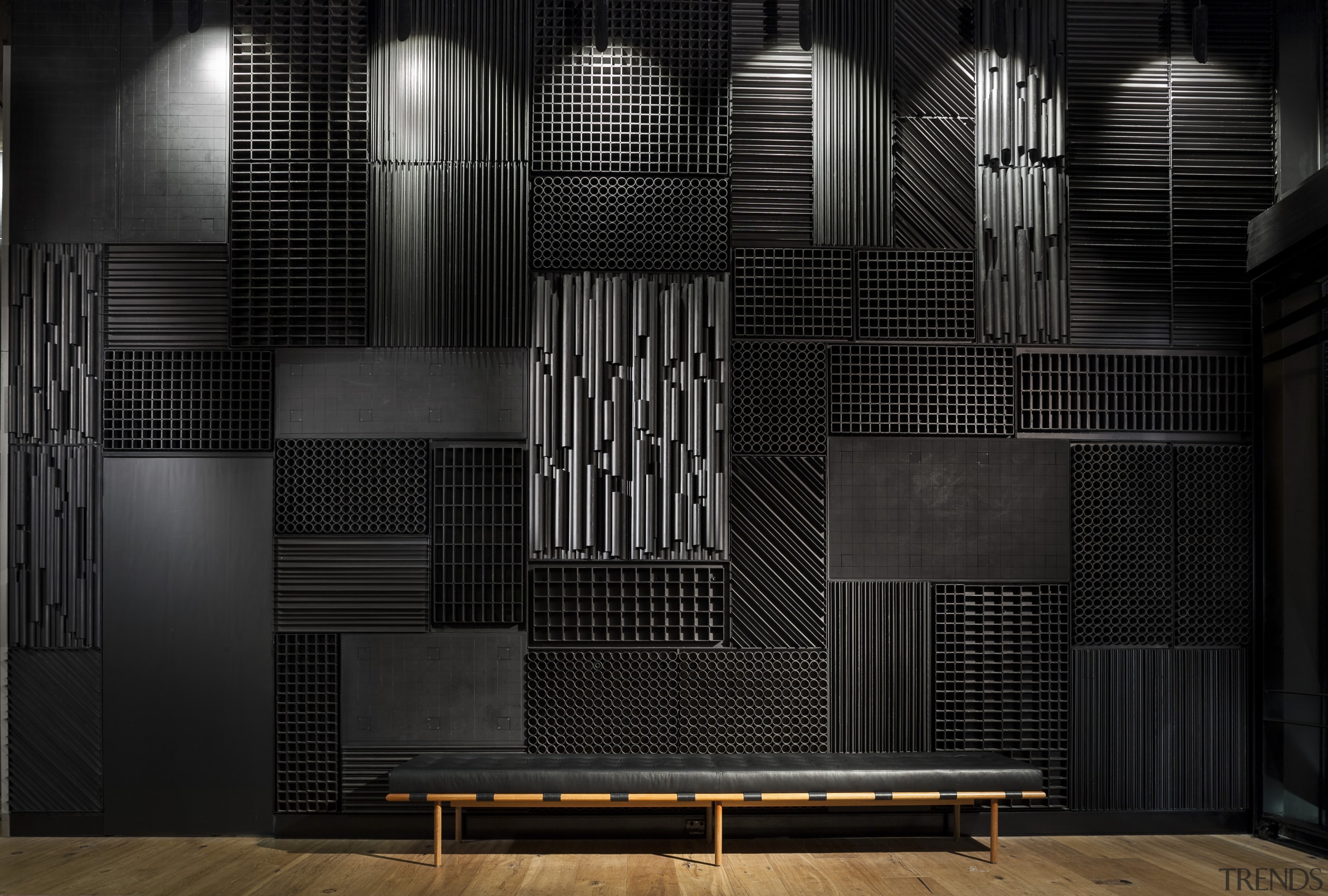 Blackened, textural steel panels reinforce the raw, industrial architecture, darkness, design, black