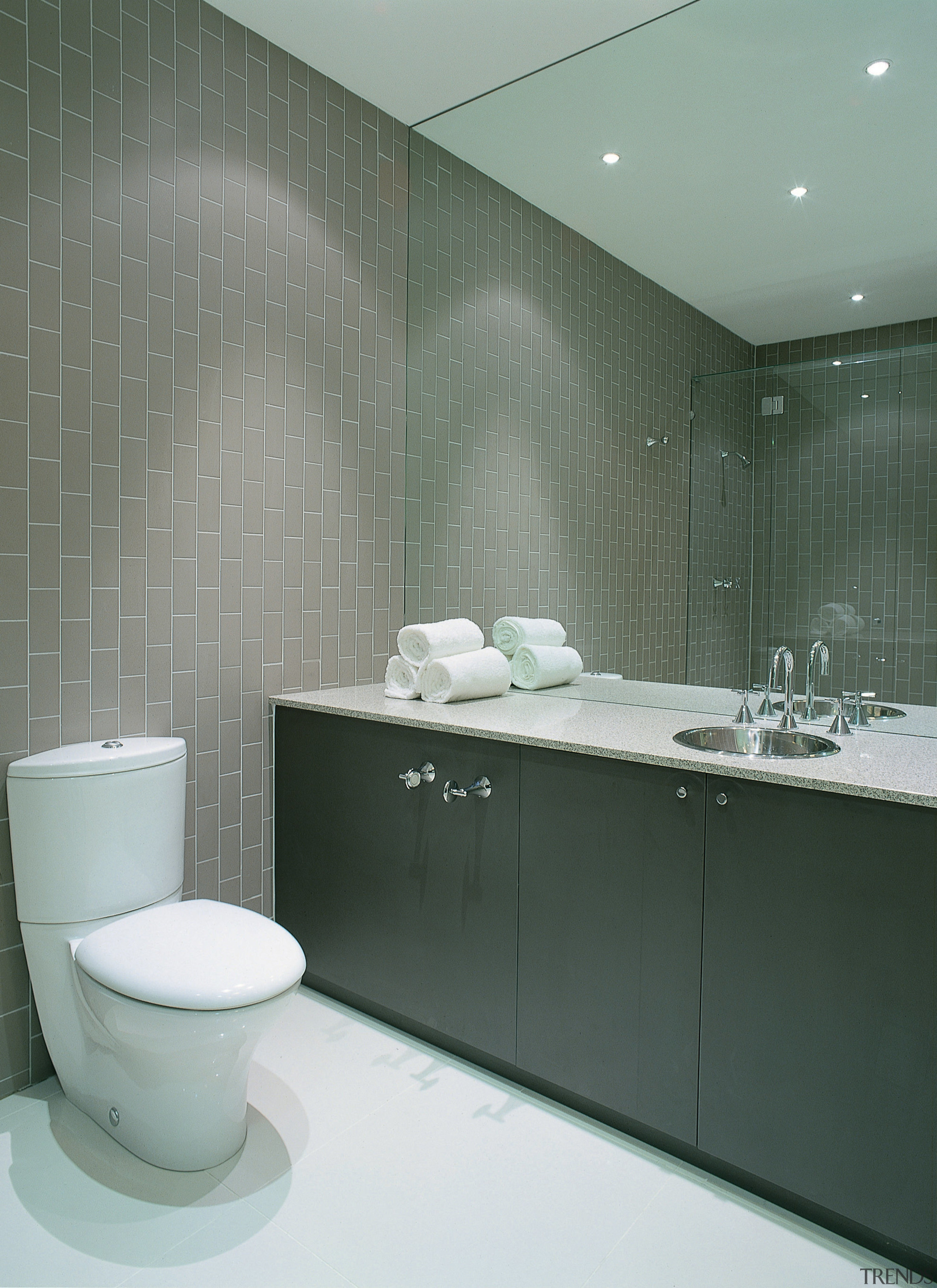 view of this simple tidy bathroom showing toilet architecture, bathroom, interior design, plumbing fixture, product design, room, sink, tap, gray