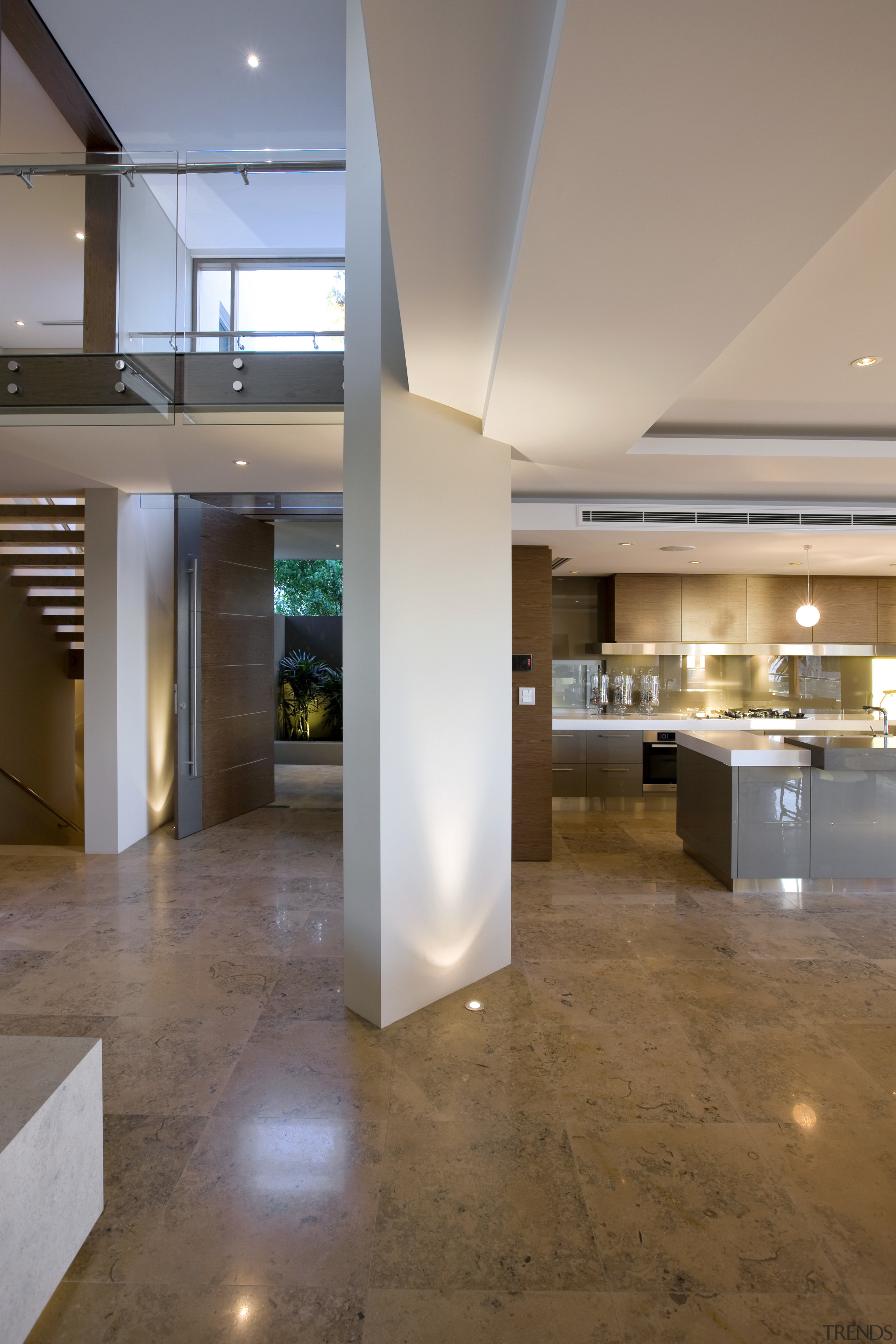 View of open plan downstairs area in contemporary apartment, architecture, ceiling, daylighting, floor, flooring, hardwood, house, interior design, lobby, real estate, wood flooring, gray, brown