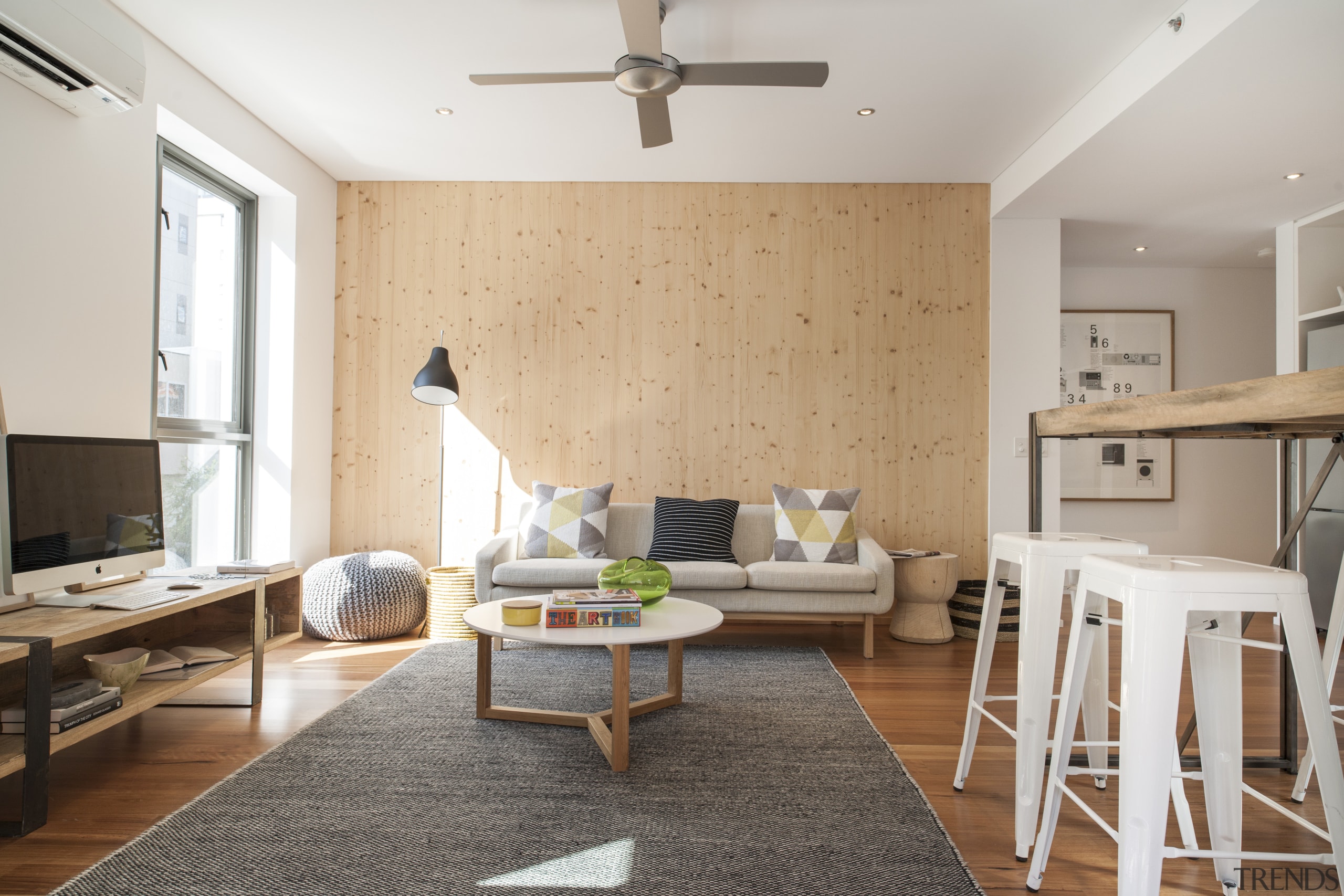 The natural, pale colour of the cross-laminated timber ceiling, floor, flooring, interior design, living room, real estate, room, table, gray