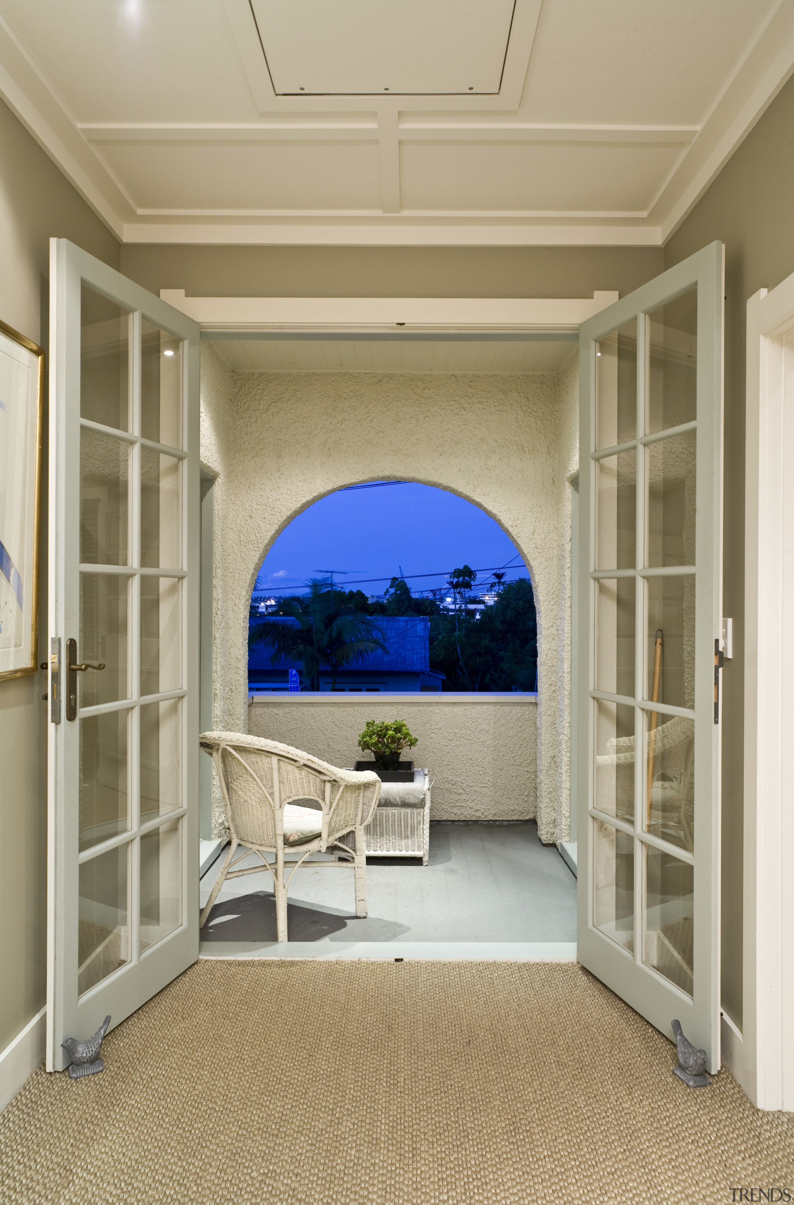 View of hallway with the patio in the ceiling, floor, home, interior design, wall, window, orange, brown