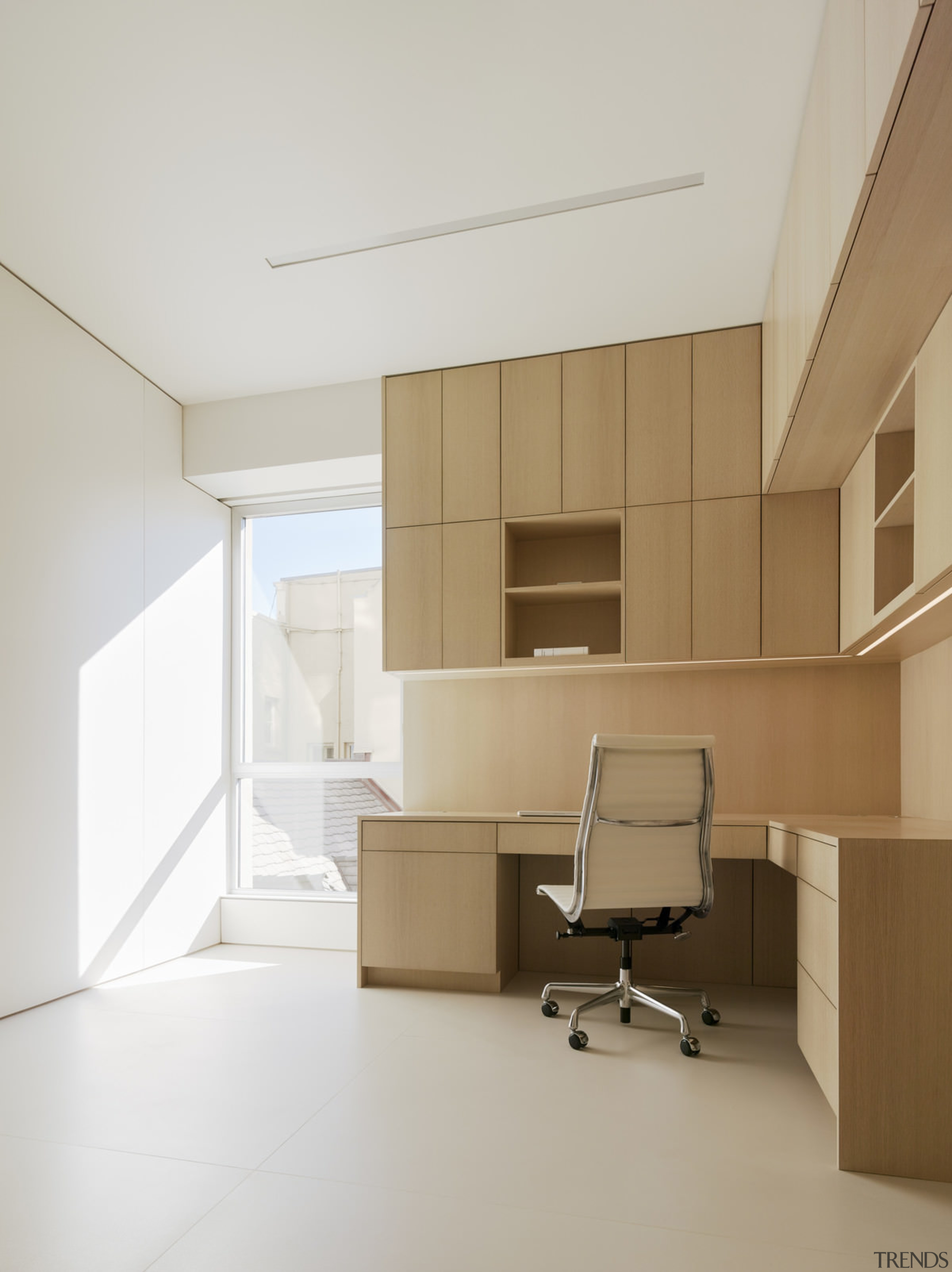 There's an almost Japanese aesthetic to this home angle, architecture, ceiling, daylighting, floor, furniture, interior design, office, product design, wall, white, brown