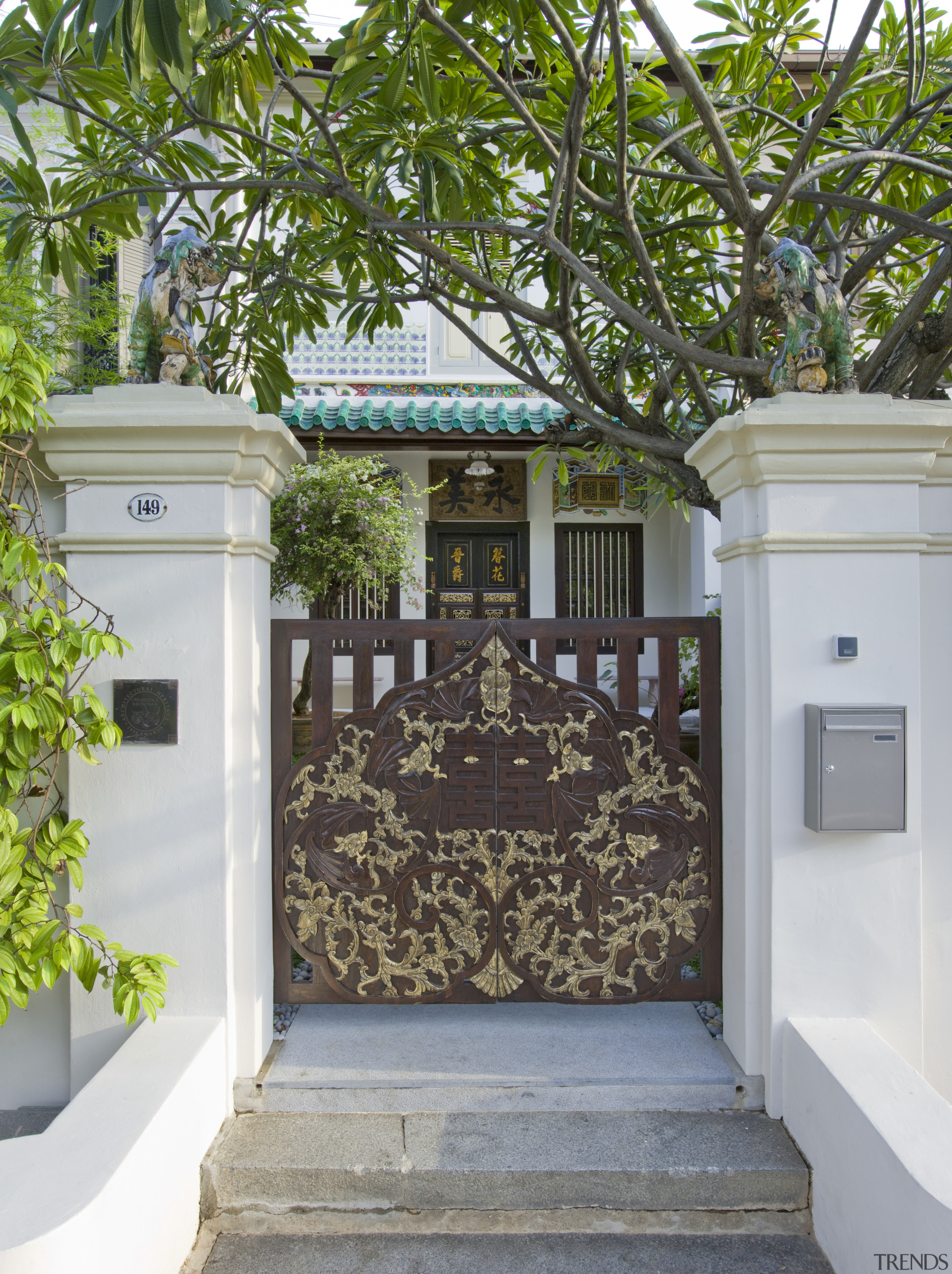 31283  Entrance gate - 31283  Entrance architecture, courtyard, gate, home, house, outdoor structure, plant, property, real estate, tree, gray