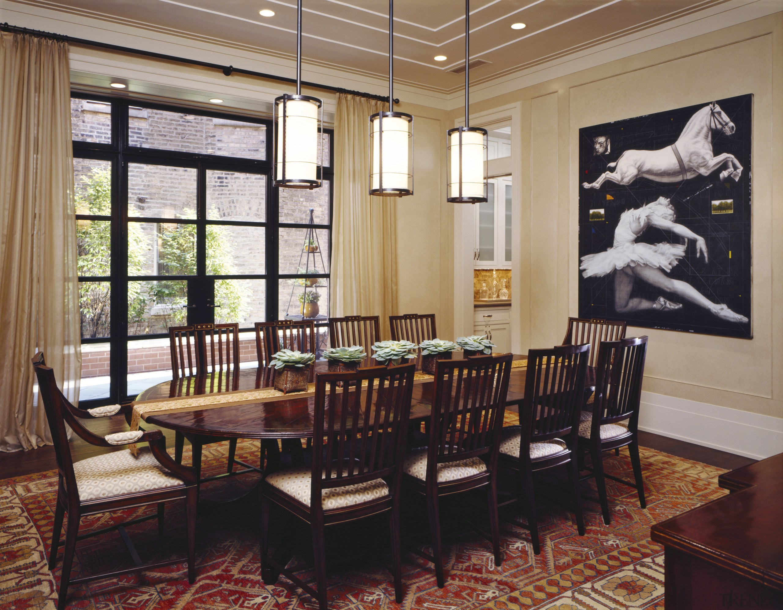 View of living areas designed by Soucie Horner. ceiling, dining room, furniture, interior design, real estate, restaurant, room, table