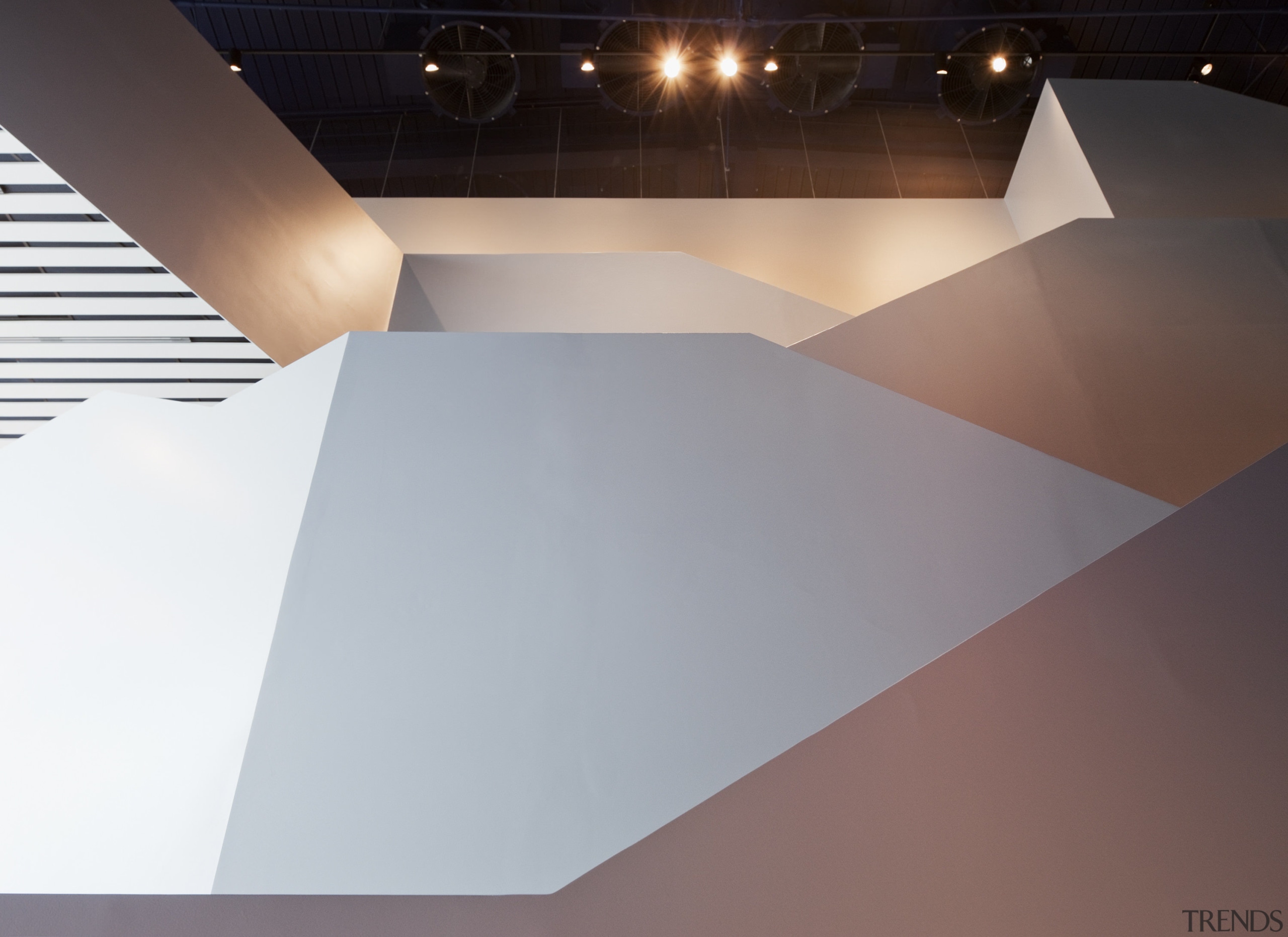 The grand staircase in Cleveland's Museum of Contemporary angle, architecture, ceiling, daylighting, floor, light, line, product design, gray