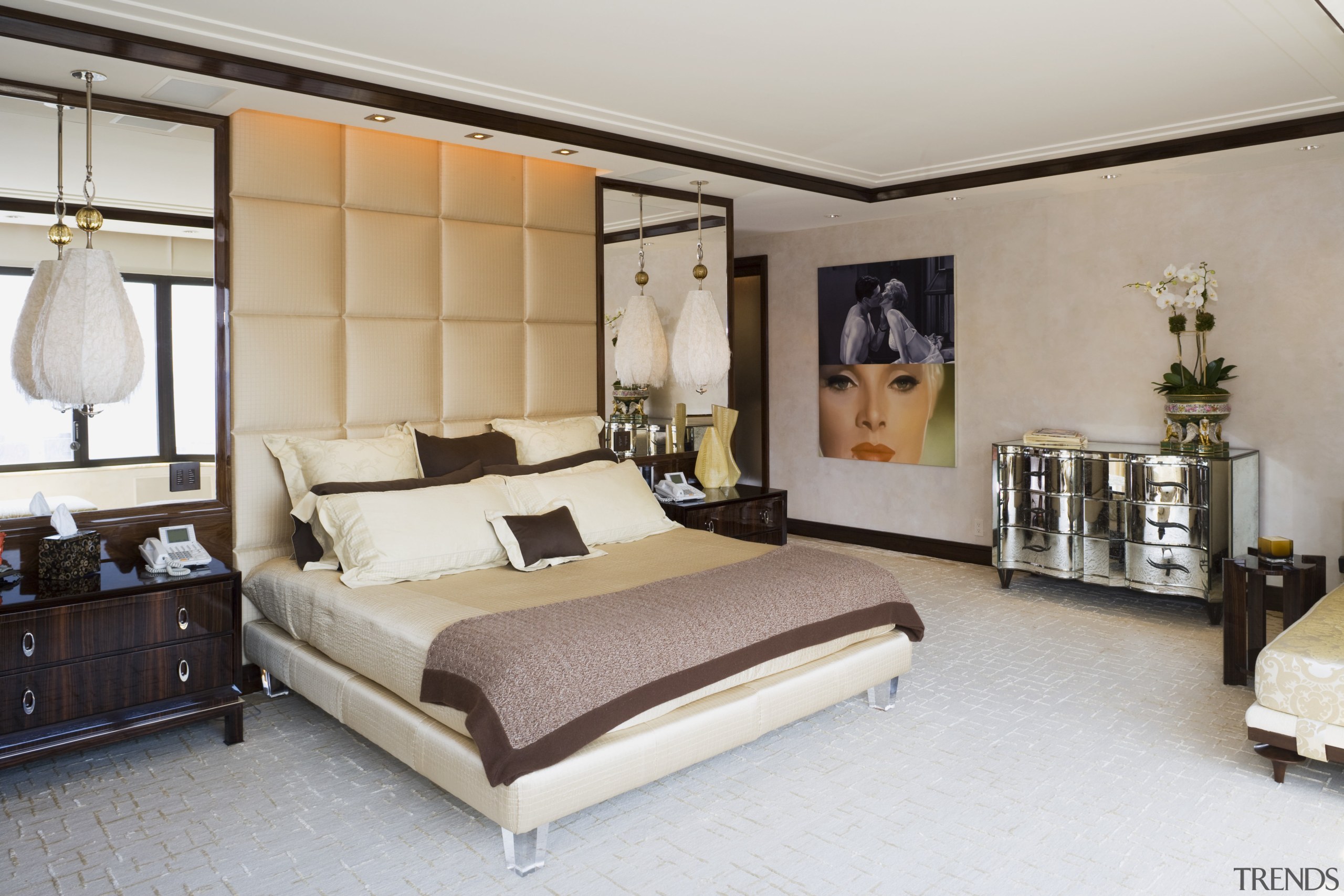 View of the master bathroom which is entered bed frame, bedroom, ceiling, furniture, interior design, room, suite, wall, gray