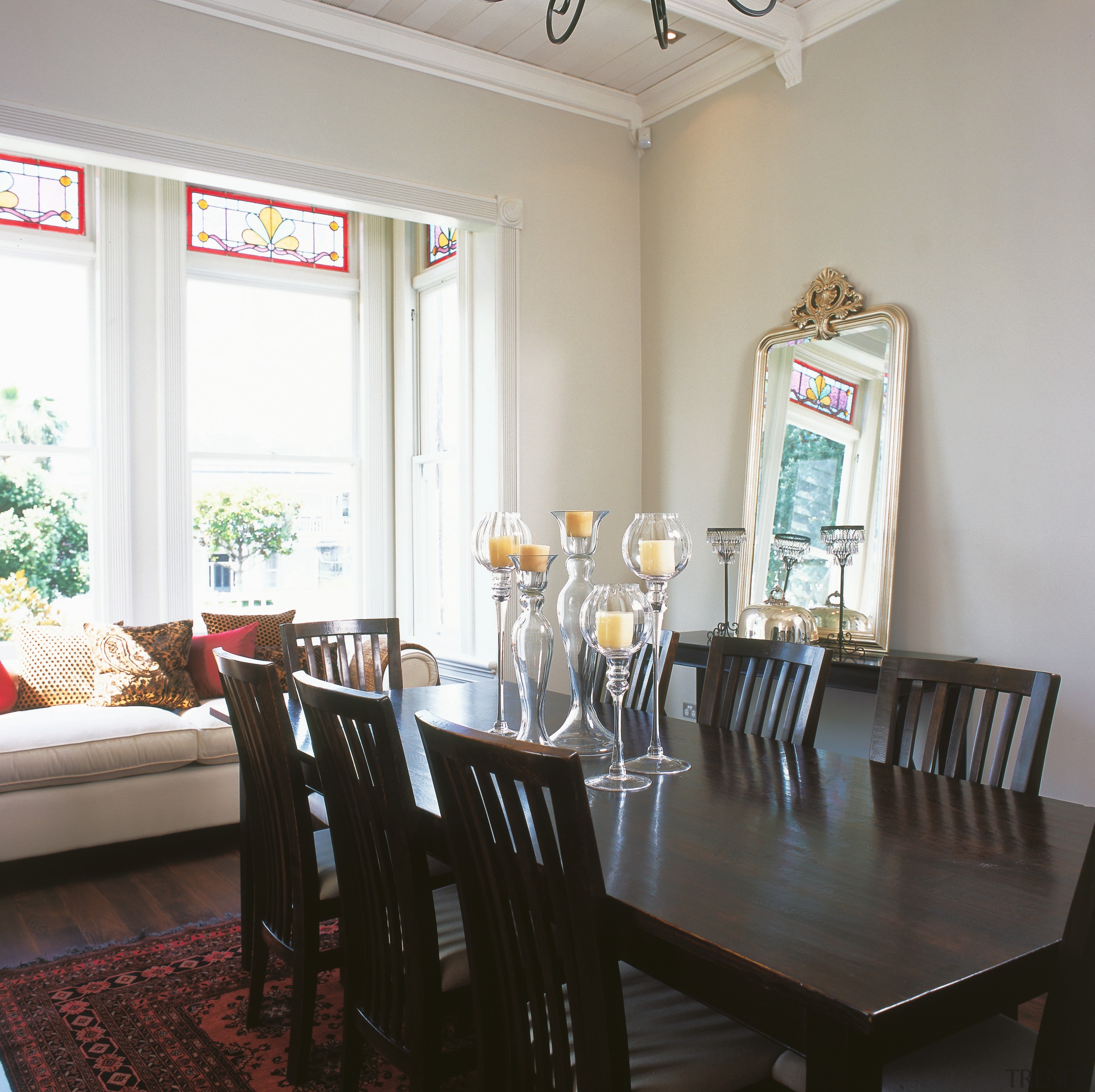 A view of the dining area, wooden flooring ceiling, chair, dining room, furniture, home, interior design, living room, property, real estate, room, table, window, gray, black