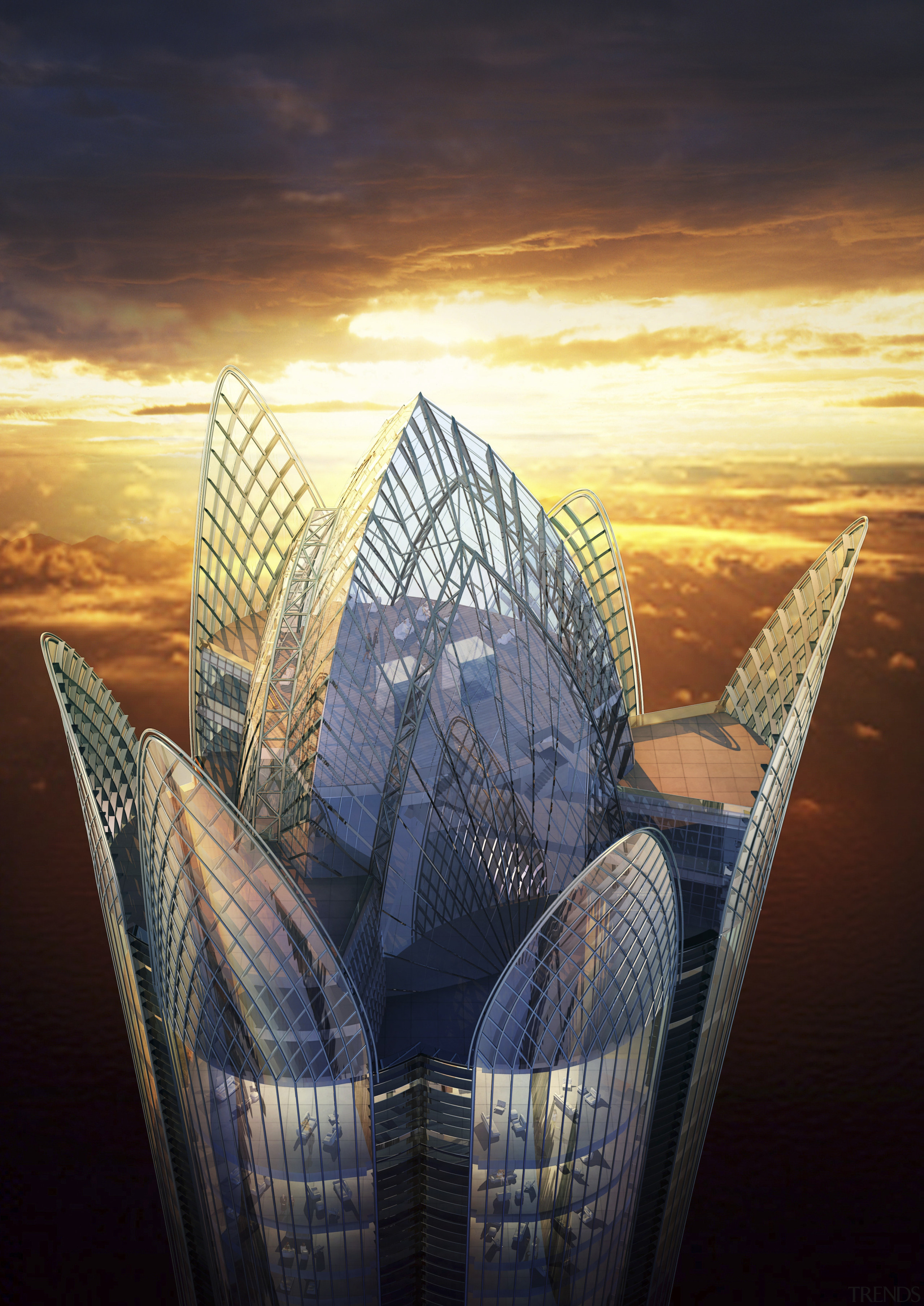 Conceptual view of the exterior of the Burj architecture, building, daytime, landmark, morning, reflection, sky, skyscraper, sunlight, black