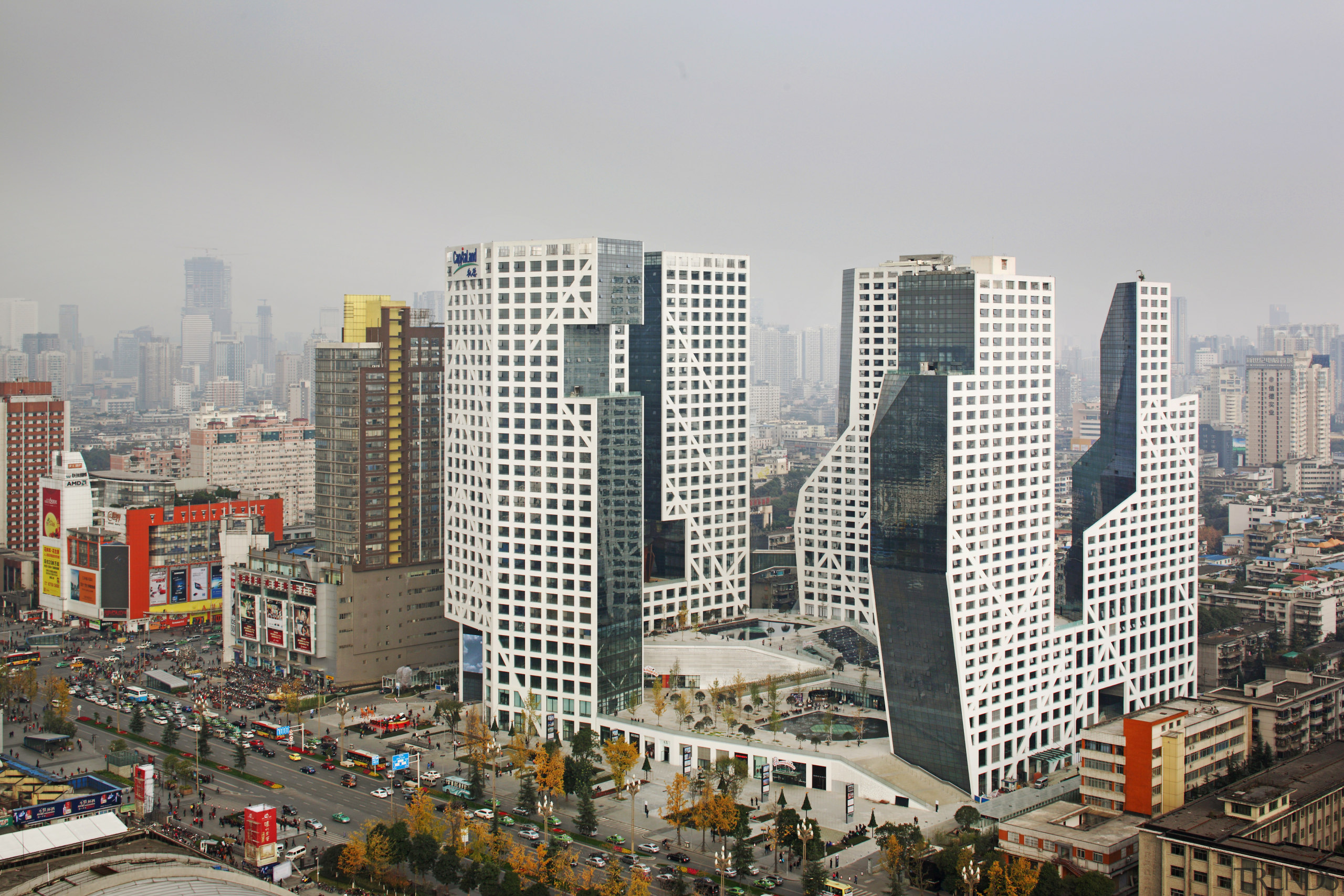 Raffles City Chengdu by Steven Holl Architects - building, city, cityscape, condominium, daytime, downtown, metropolis, metropolitan area, neighbourhood, residential area, sky, skyline, skyscraper, tower, tower block, urban area, gray