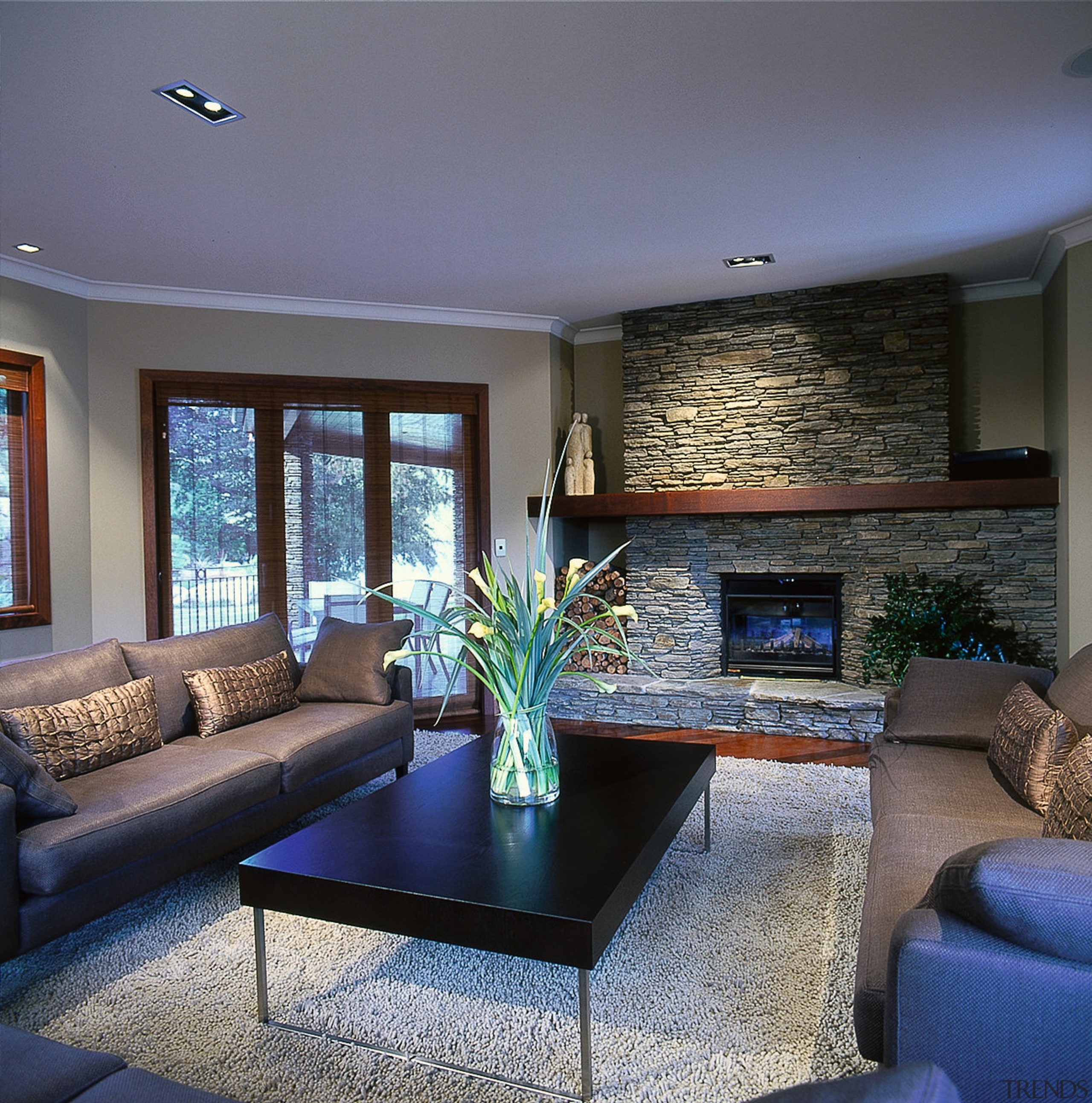 Photograph of living area. Includes a rug, coffee ceiling, home, house, interior design, living room, real estate, room, wall, window, gray