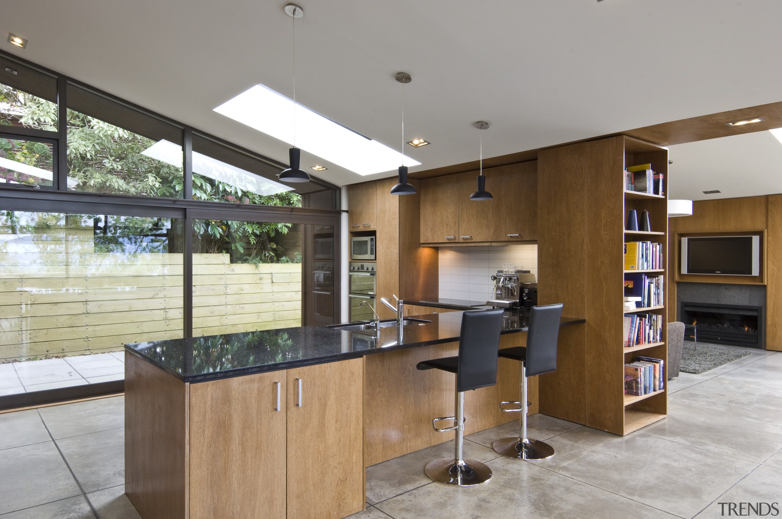 View of a kitchen featuring black granite benchtops, architecture, countertop, interior design, kitchen, real estate, gray