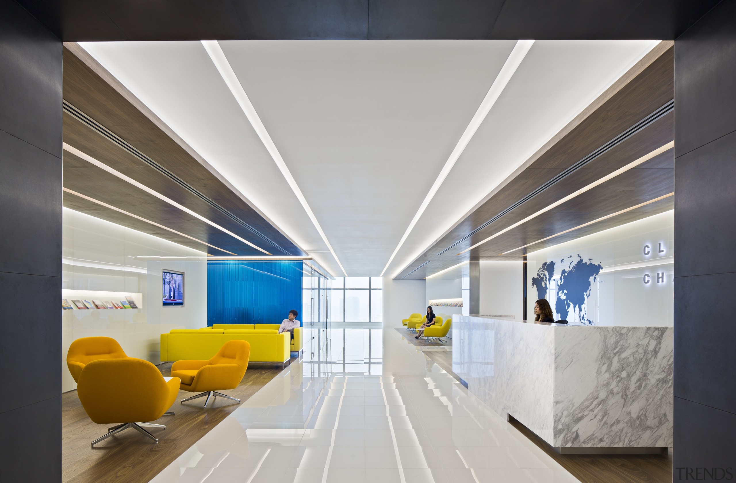 With its glossy white finishes and bold colour architecture, ceiling, daylighting, interior design, lobby, product design, gray