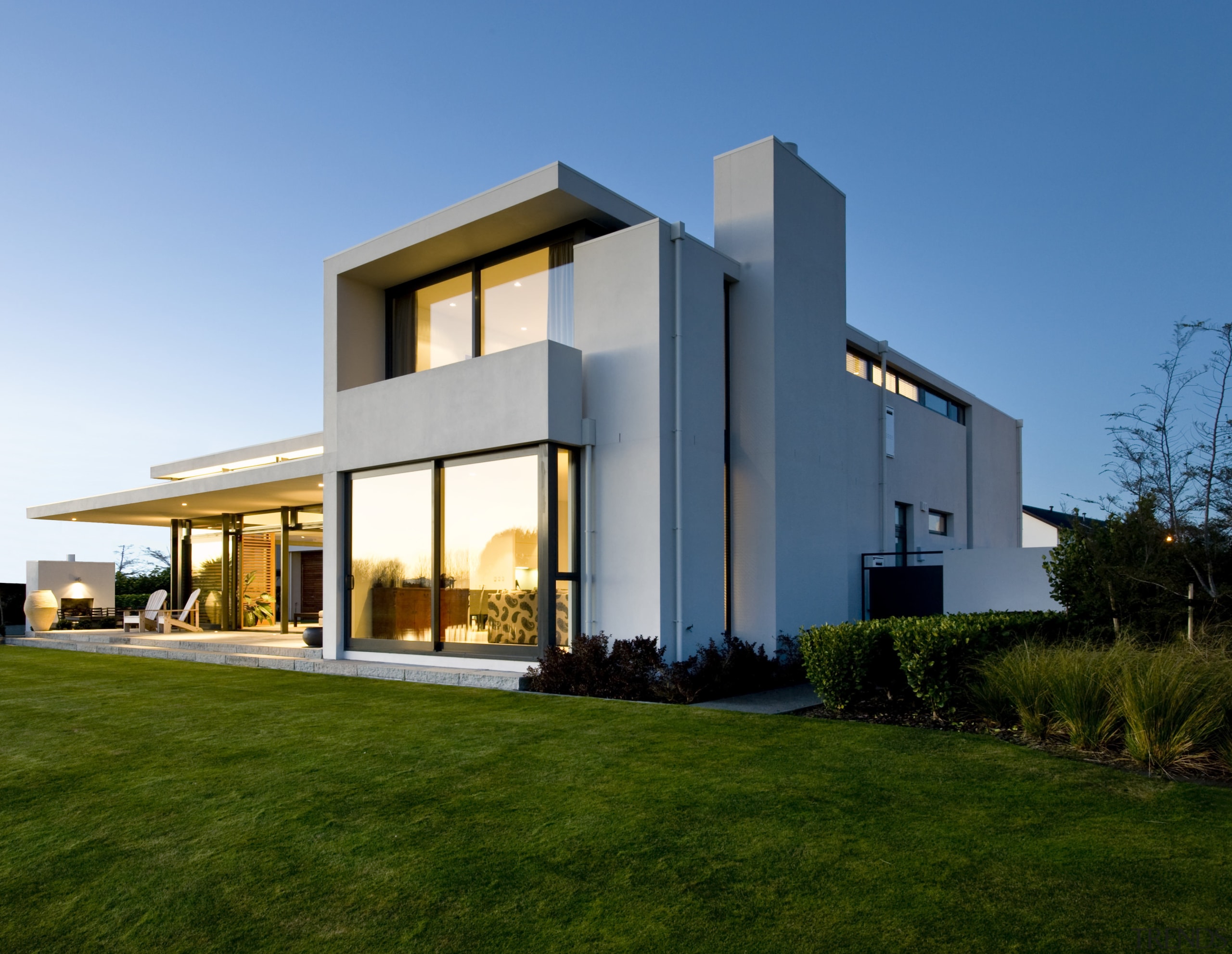The master bedroom and ensuite occupy the upper architecture, building, elevation, estate, facade, home, house, property, real estate, residential area, sky, villa, teal