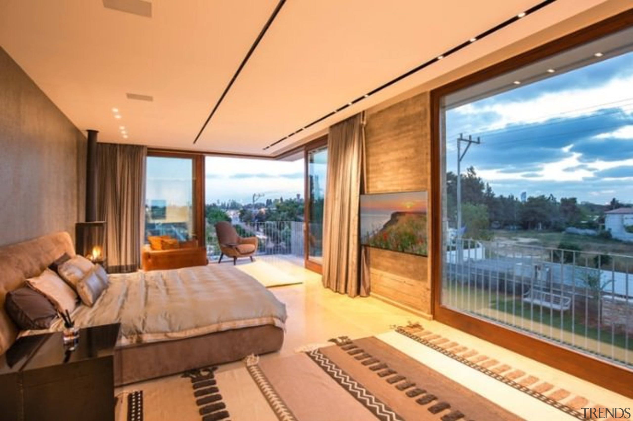 The master bedroom has views out to the architecture, ceiling, estate, house, interior design, penthouse apartment, property, real estate, room, window, orange