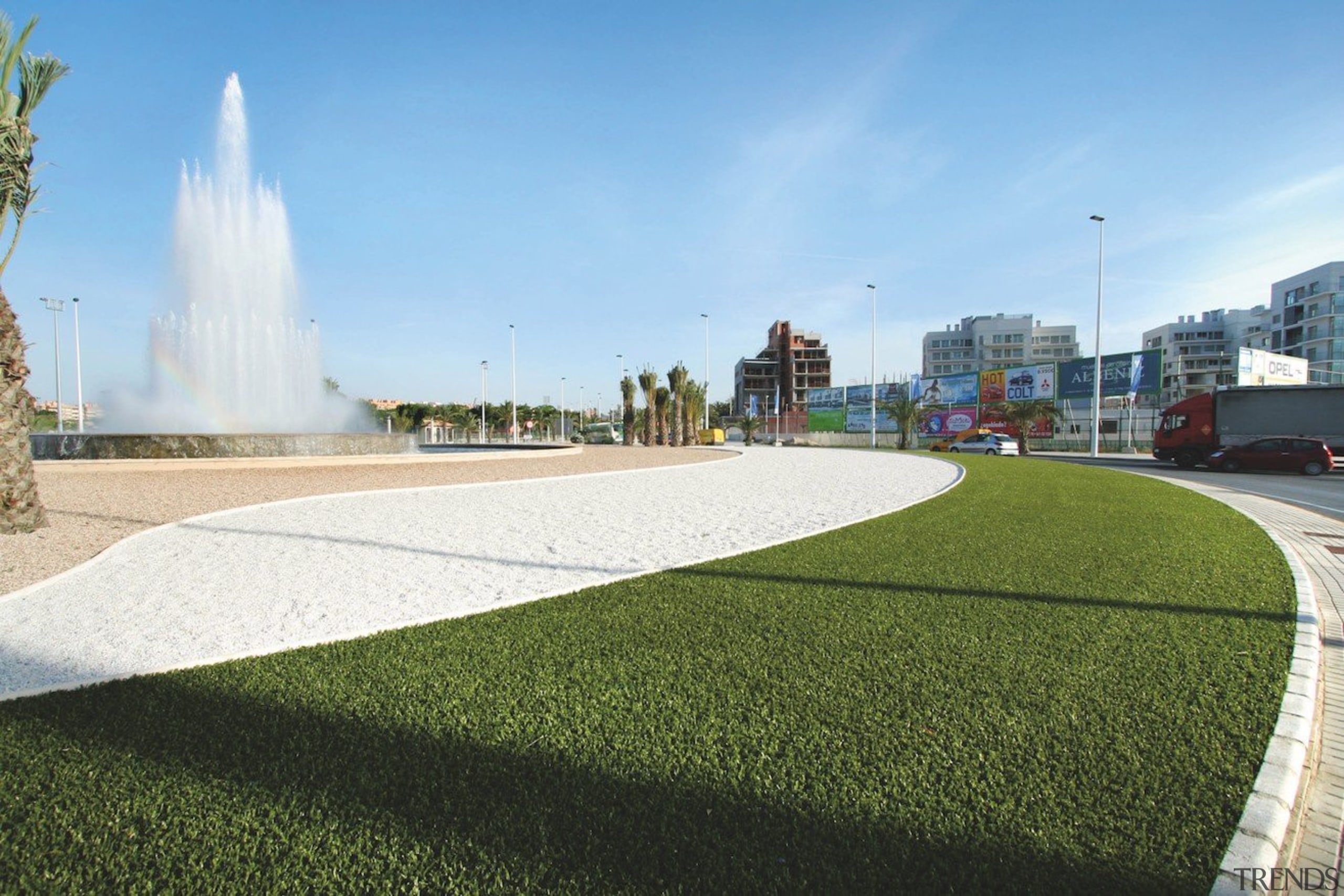 Commercial landscape - architecture | asphalt | grass architecture, asphalt, grass, landscape, lawn, plant, real estate, residential area, sky, urban design, water resources, teal, brown, white