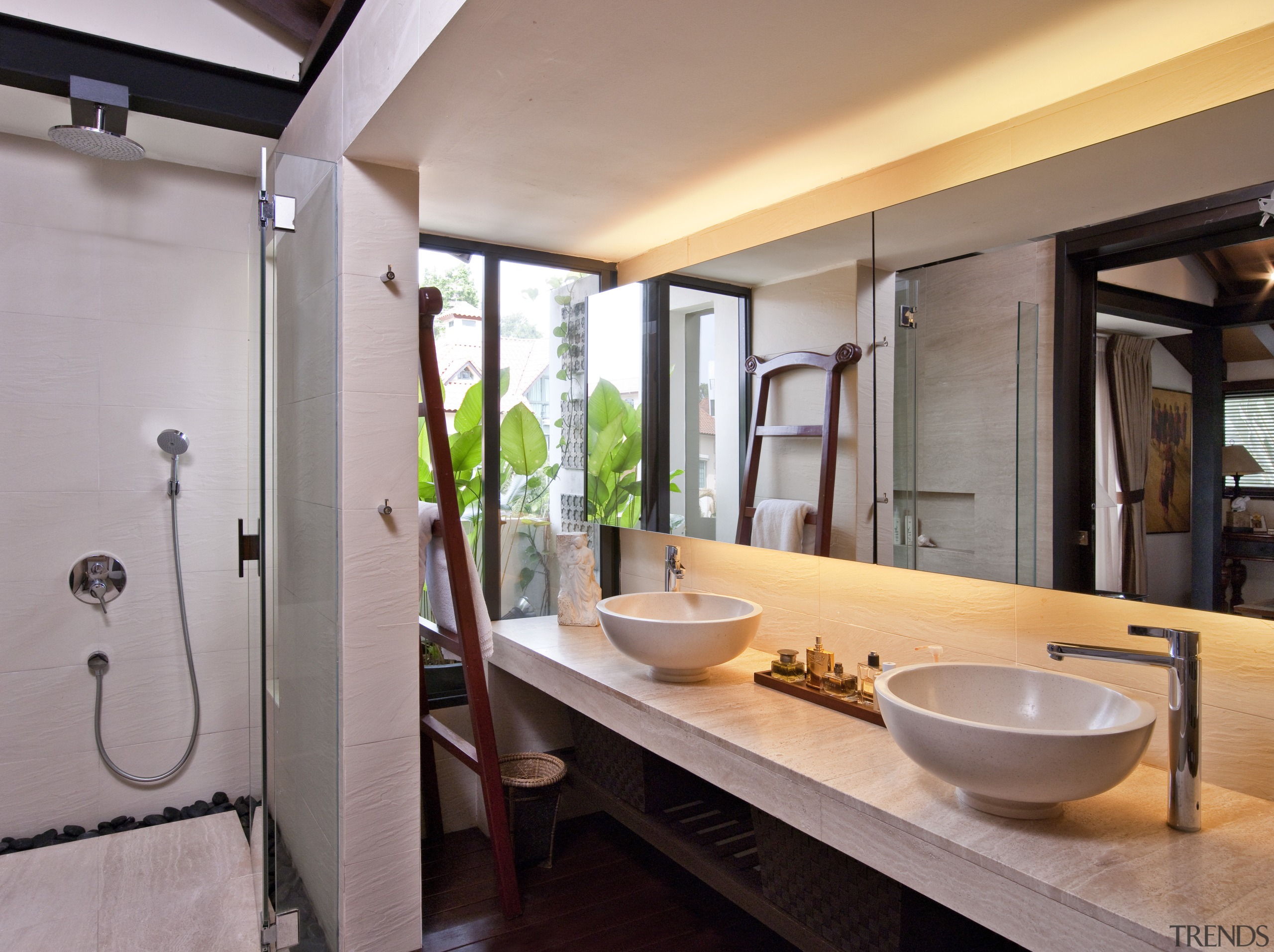 Shower &amp; sinks within the contemporary bathroom bathroom, estate, interior design, property, real estate, room, gray