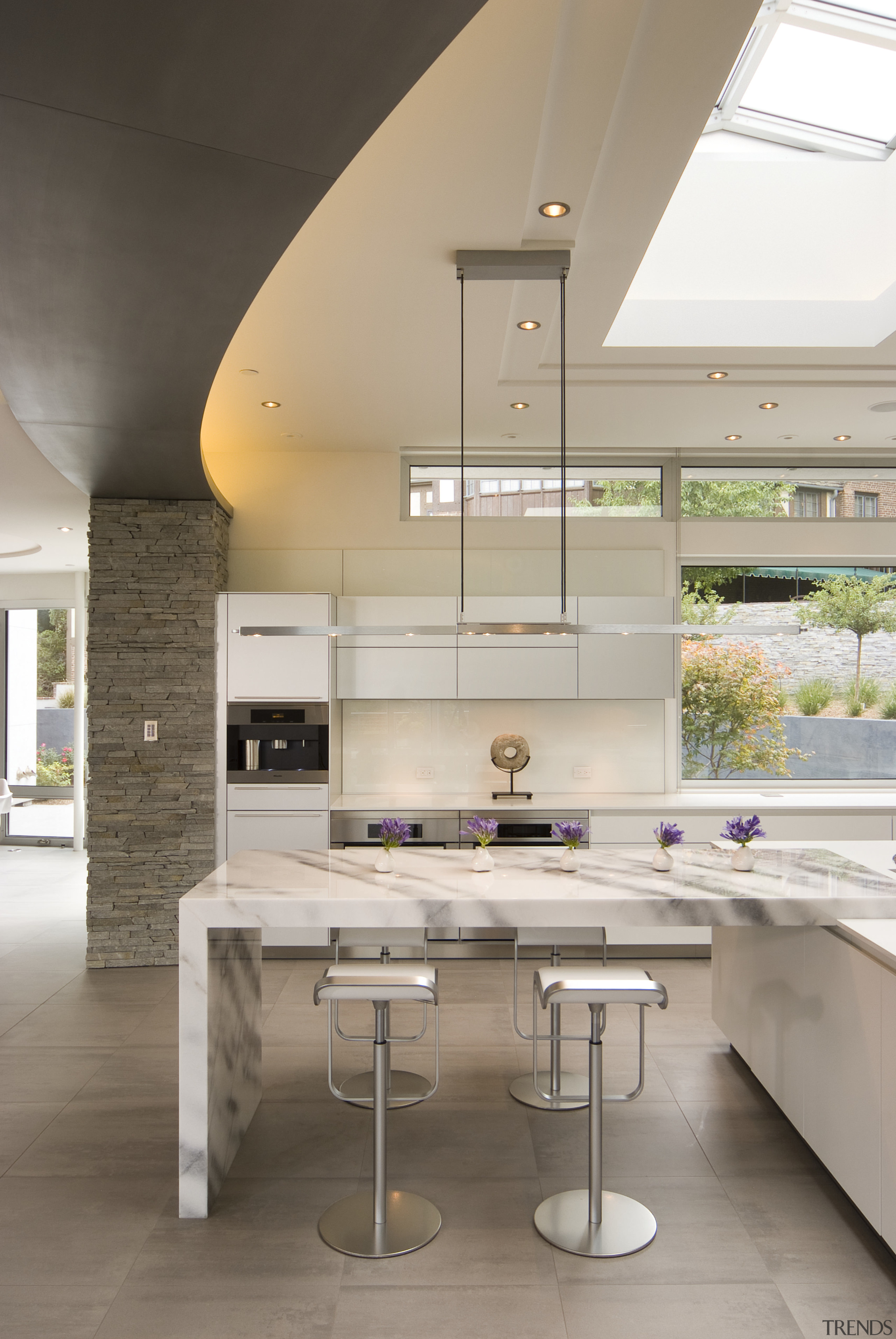 Grey veining in this statuary marble breakfast bar architecture, ceiling, countertop, cuisine classique, daylighting, floor, house, interior design, interior designer, kitchen, product design, gray