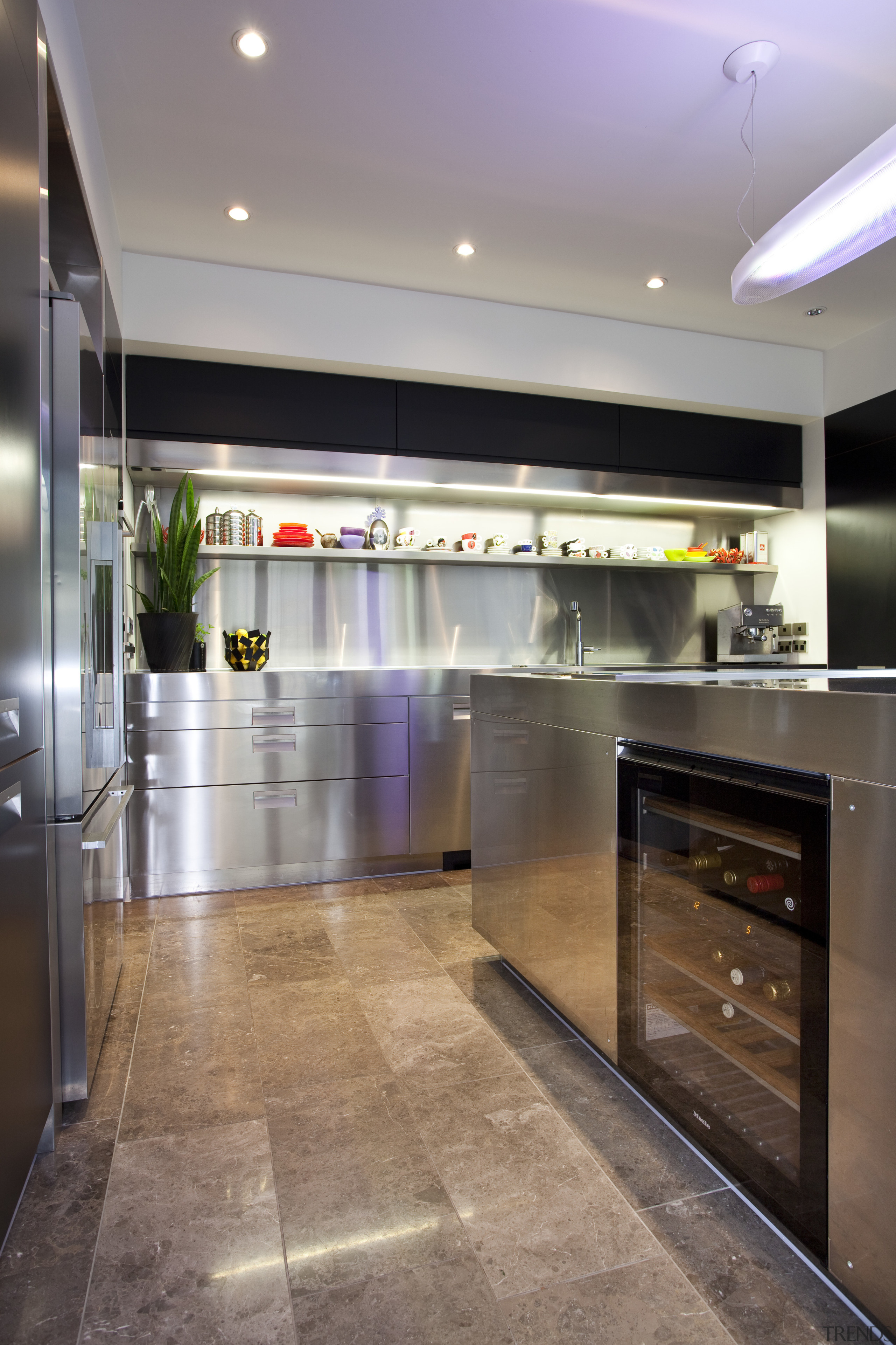 View of kitchen with stainless steel island and ceiling, countertop, interior design, kitchen, gray