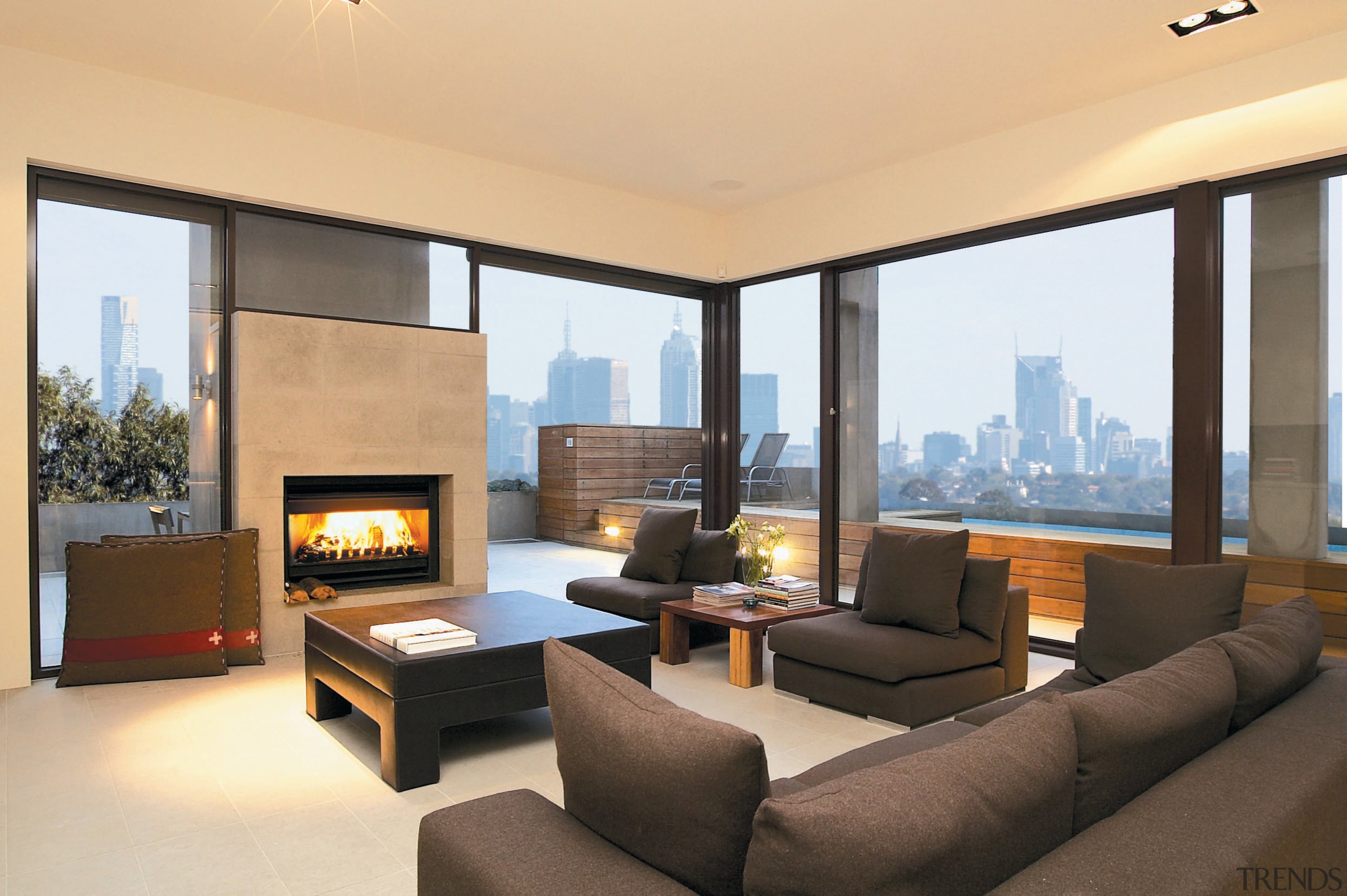 View of the lounge living area, with a ceiling, hearth, interior design, living room, penthouse apartment, property, real estate, room, suite, window, orange