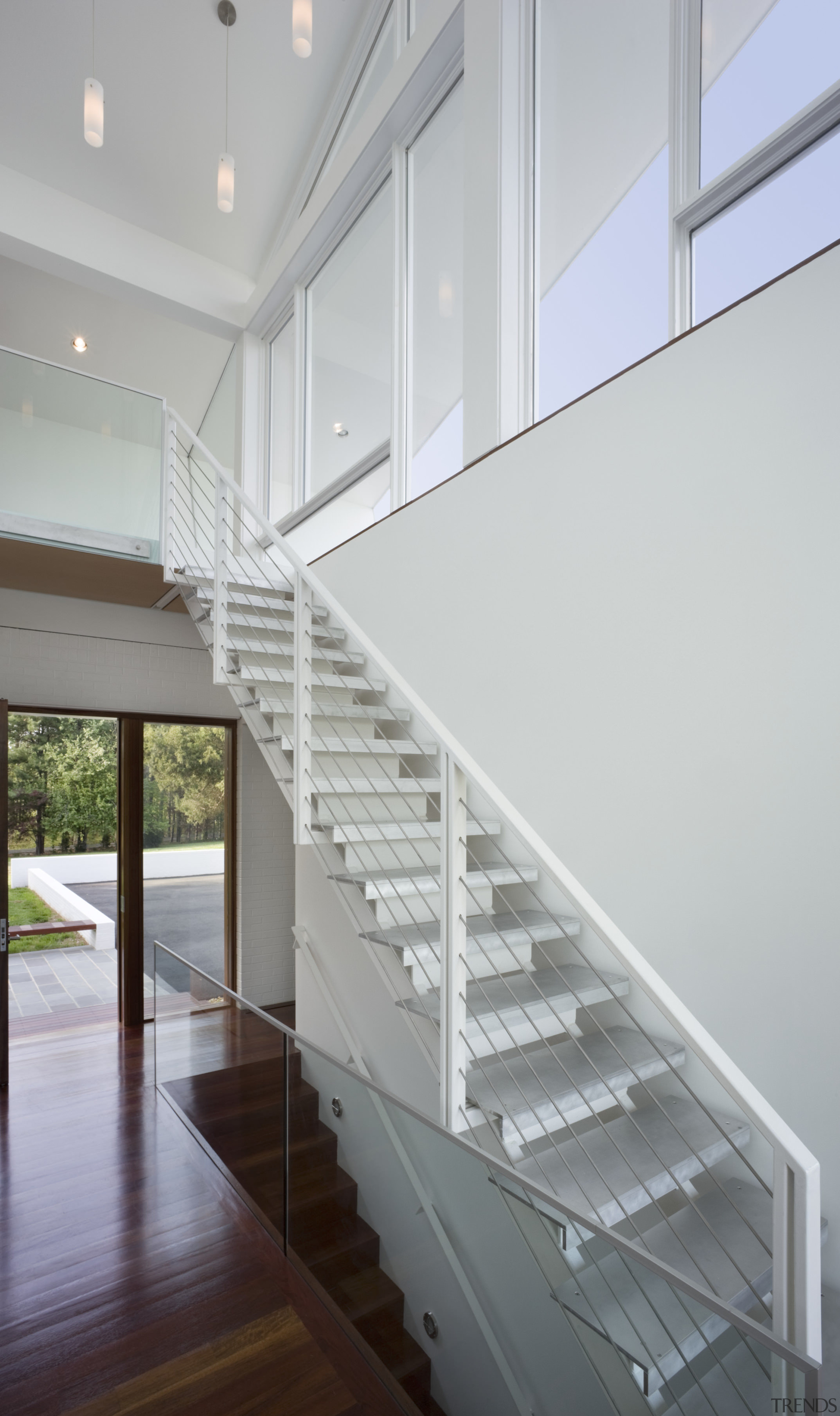 View of stairway. - View of stairway. - architecture, ceiling, daylighting, glass, handrail, home, house, interior design, real estate, stairs, structure, gray